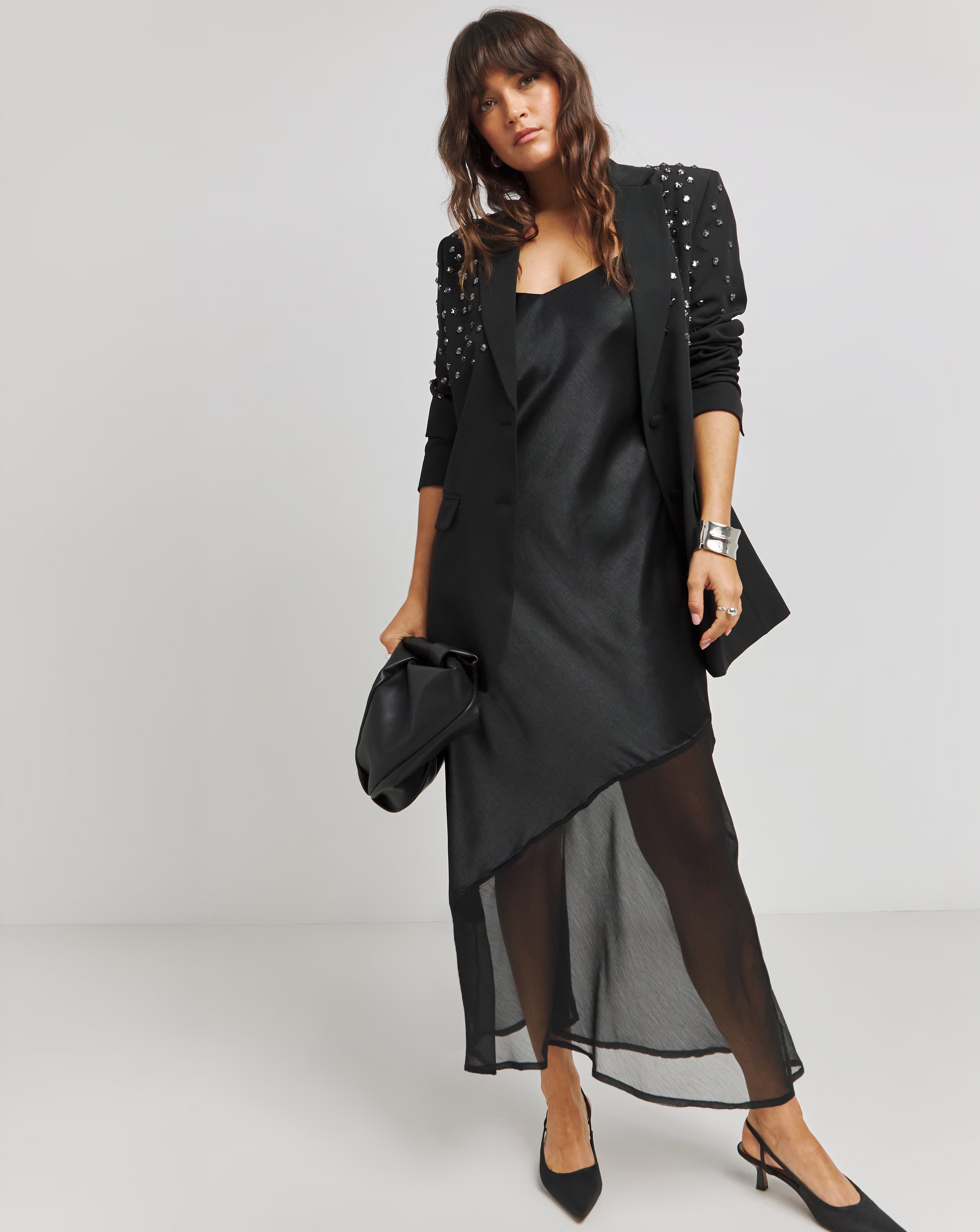 Black Satin Sheer Mix Slip Dress