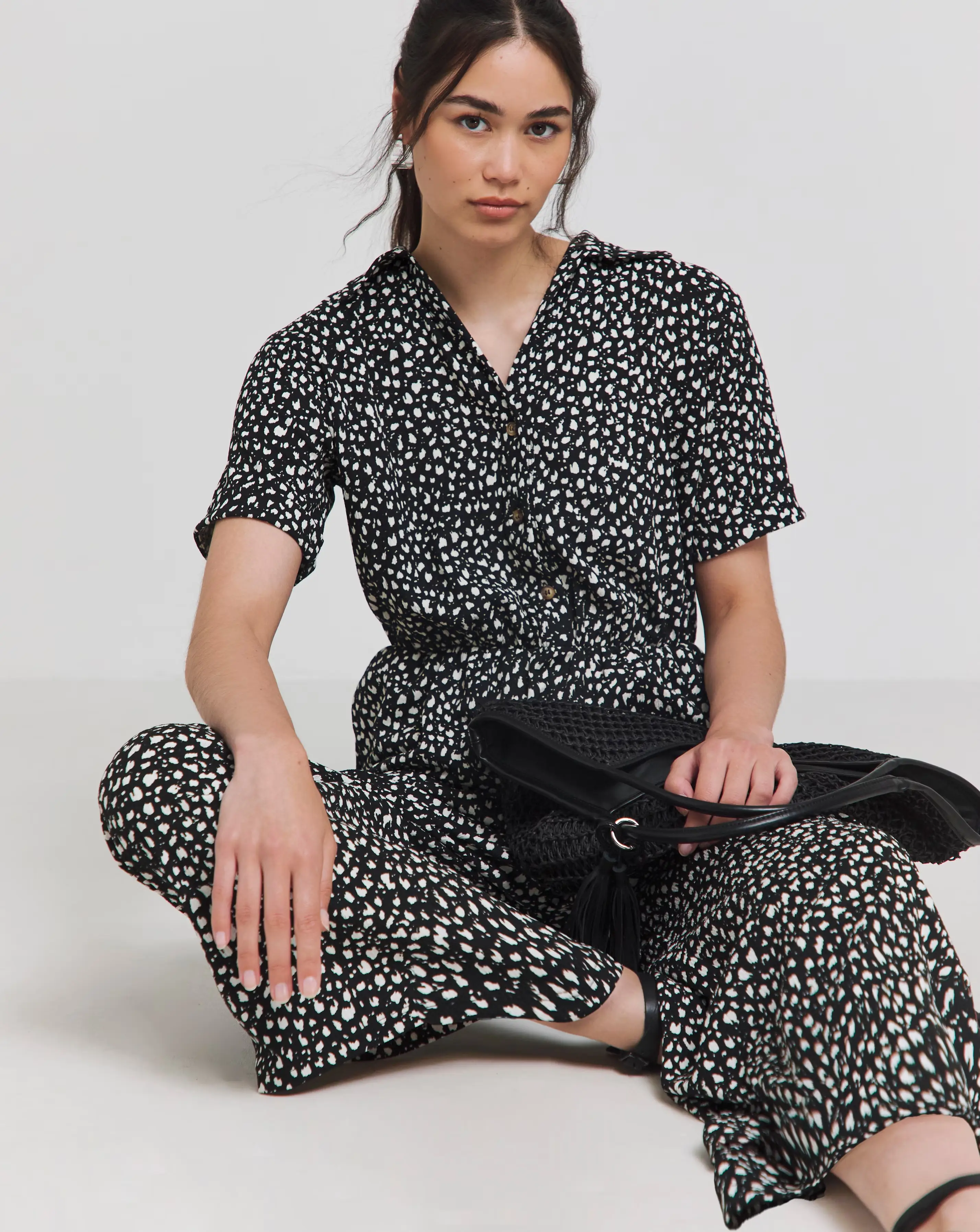 Simply Be Black Printed Waffle Button Up Wide Leg Jumpsuit With Pockets
