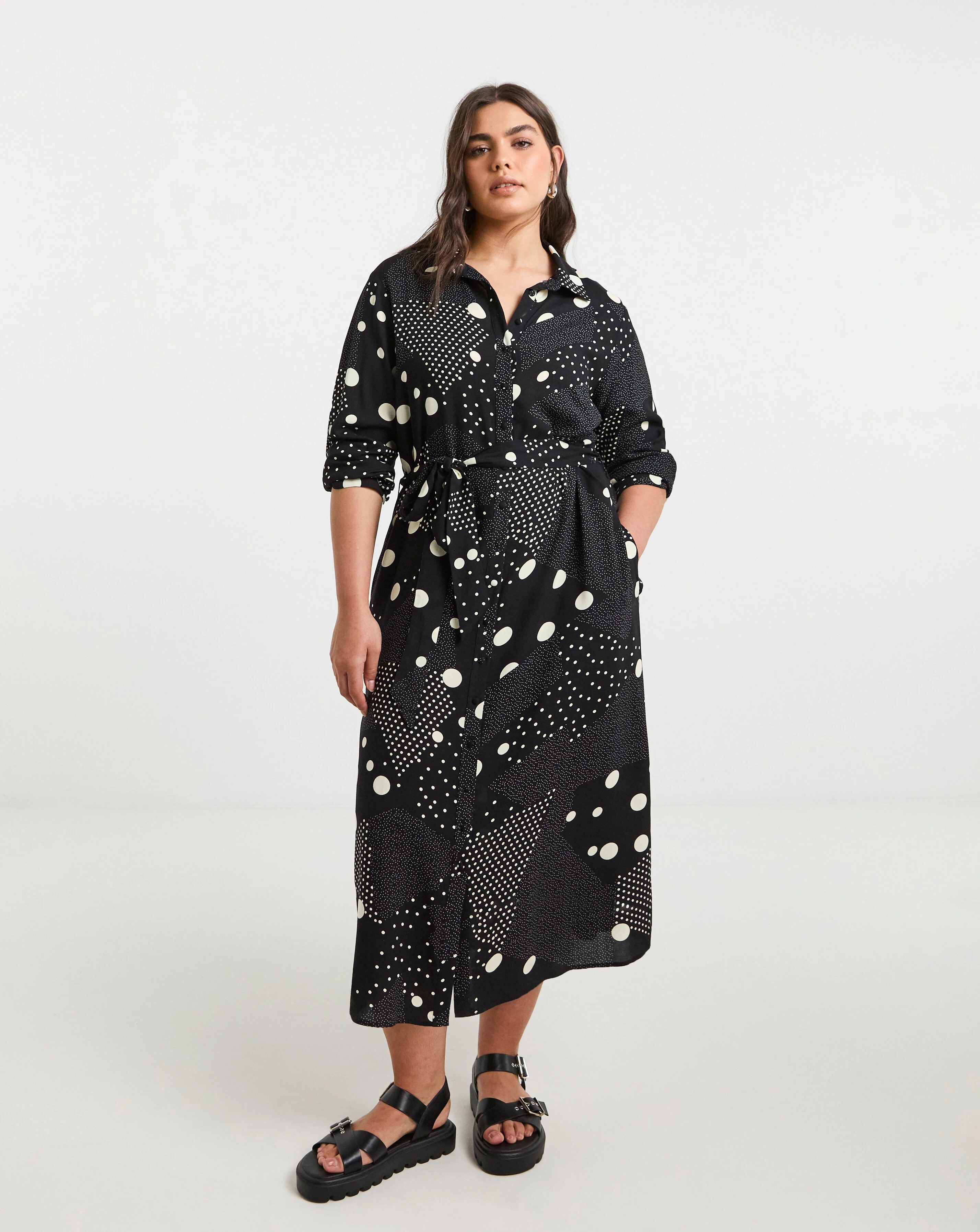 Black Spot Print Spun Viscose Belted Shirt Dress