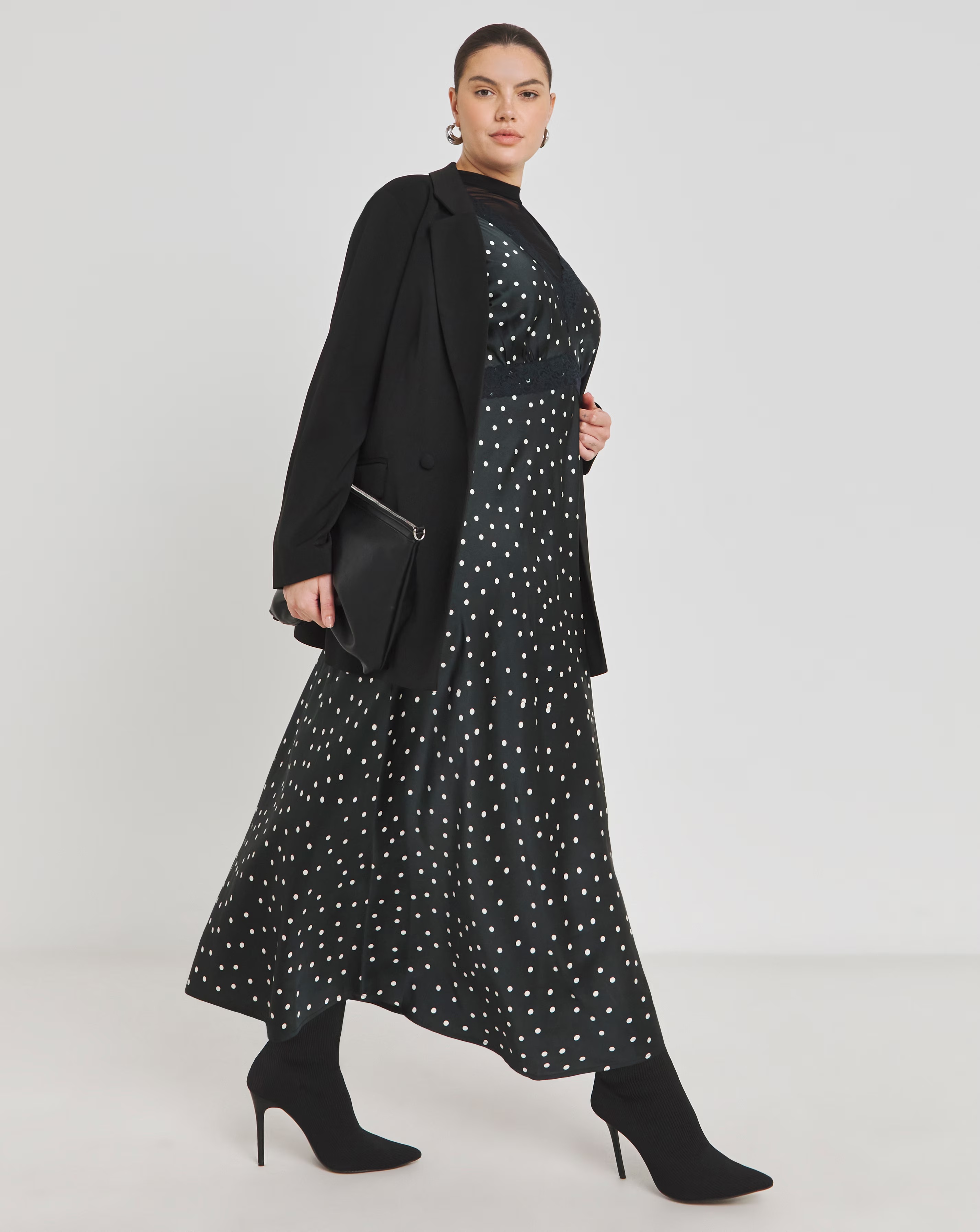 Spot Print Lace Trim Midaxi Satin Slip Dress