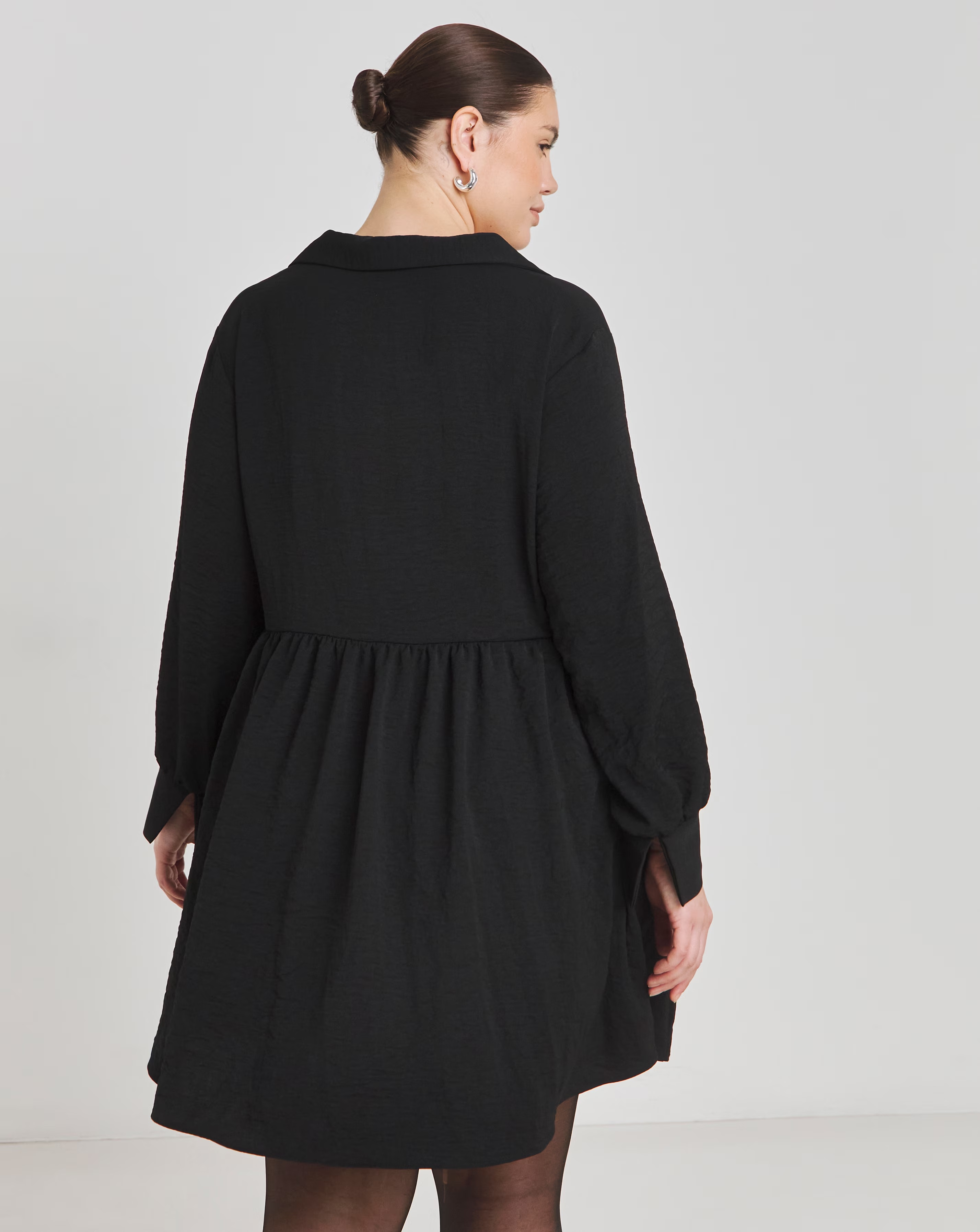 Black Herringbone Twill Smock Dress With Pockets
