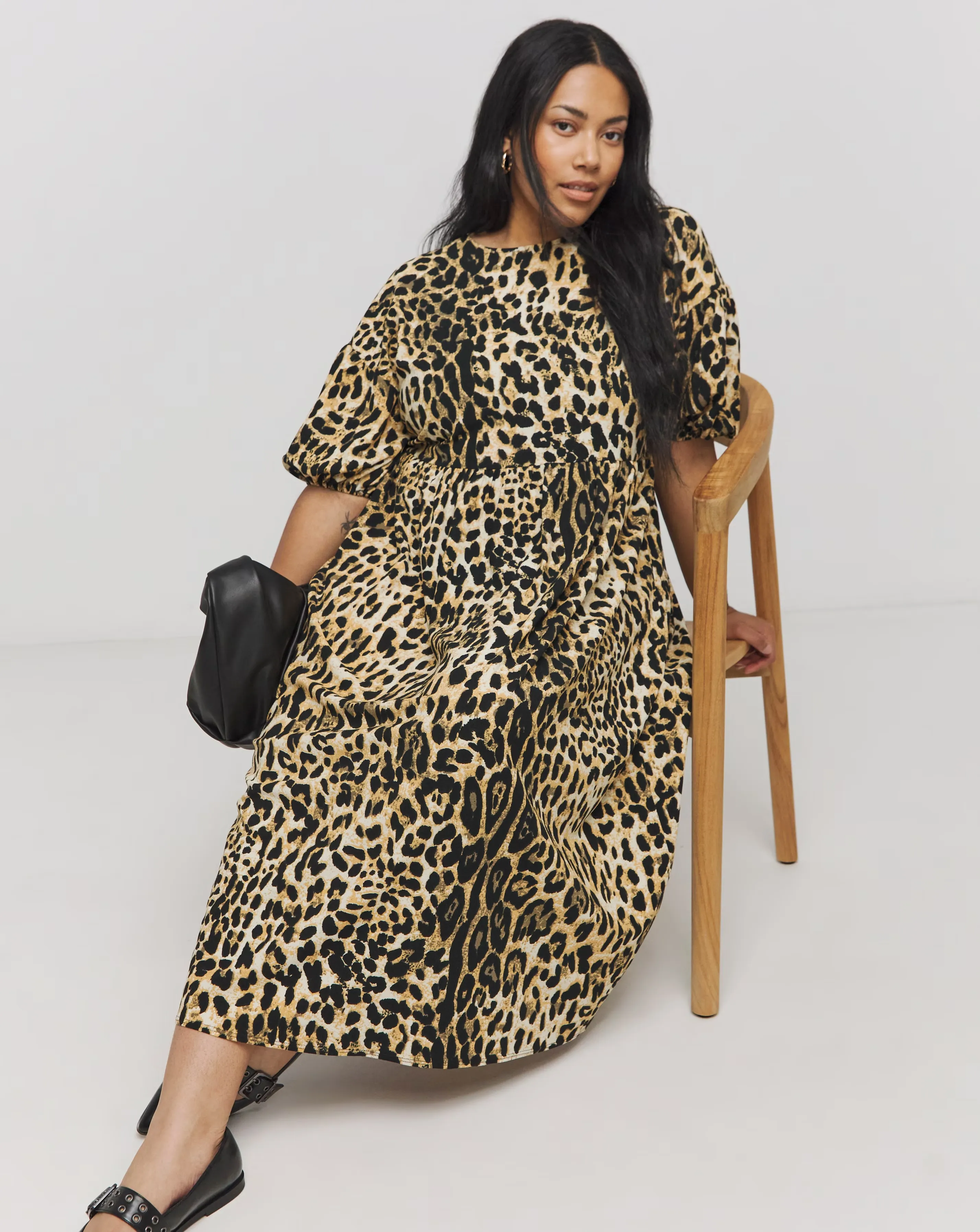 Leopard Print Bow Detail Waffle Midi Dress