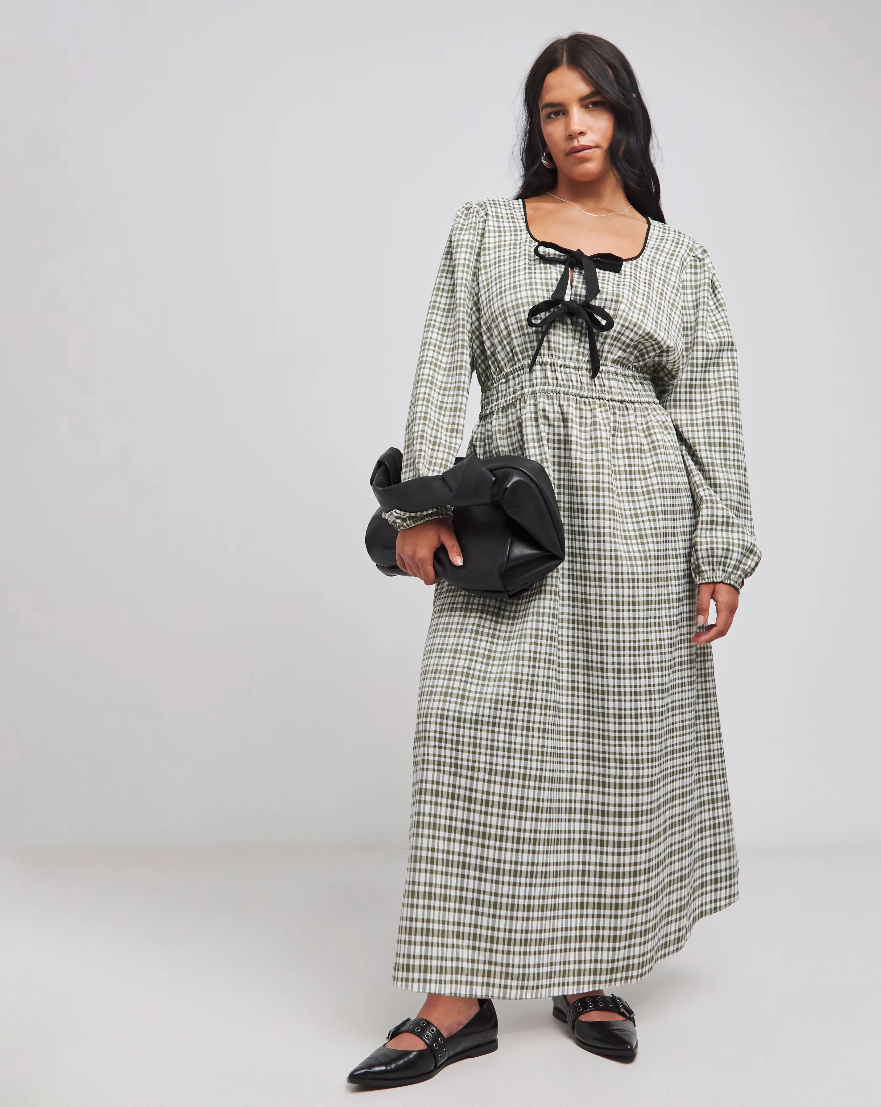 Khaki Check Bow Front Detail Midaxi Dress
