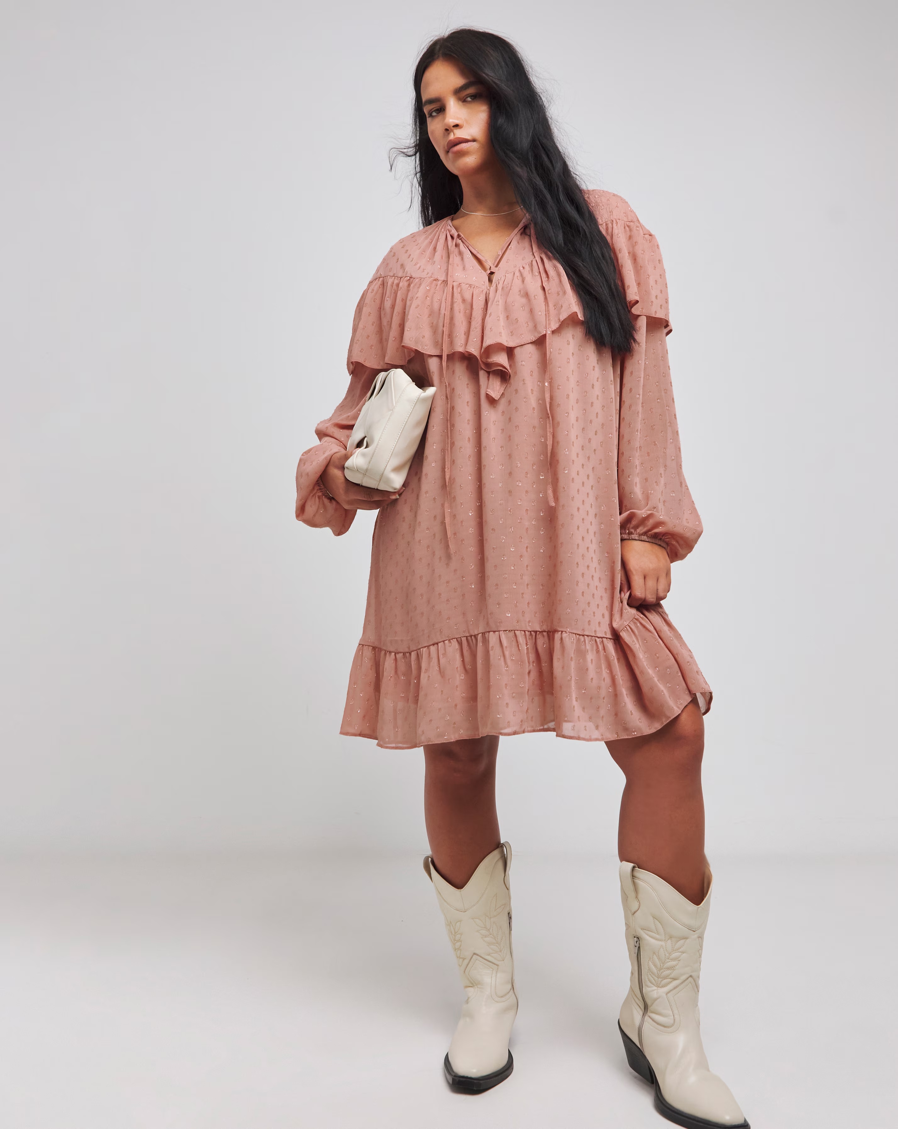 Rose Pink Lurex Dobby Frill Smock Dress