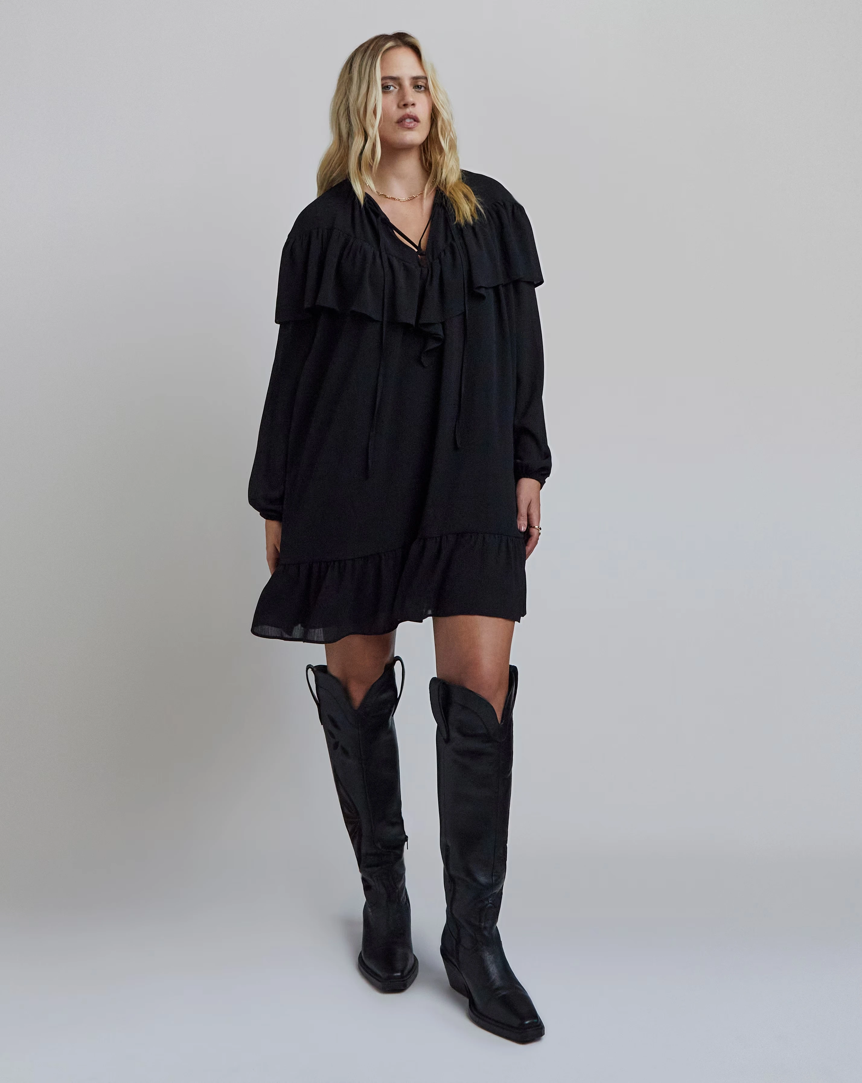 Black Crinkle Georgette Frill Smock Dress
