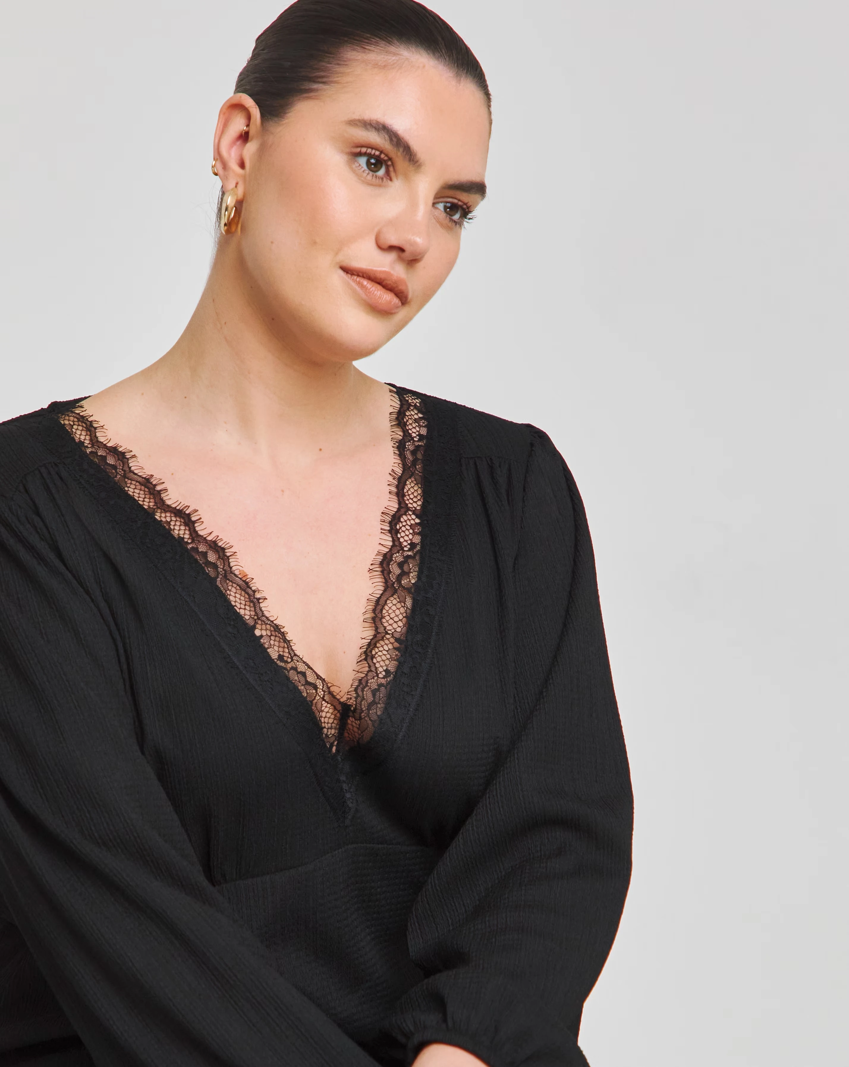 Black Long Sleeve Waffle Lace Trim Skater Dress