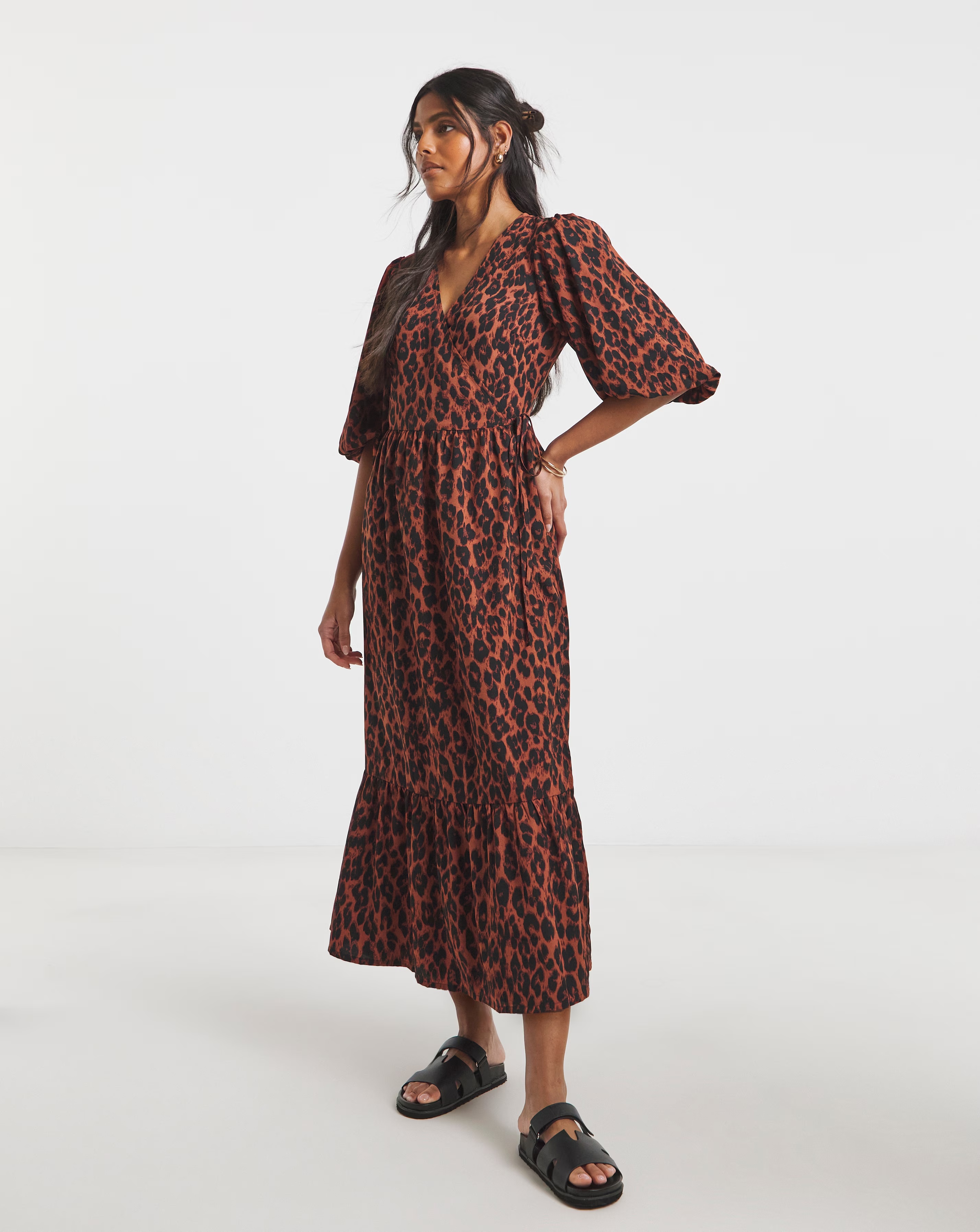 Animal Print Puff Sleeve Woven Wrap Midi Dress