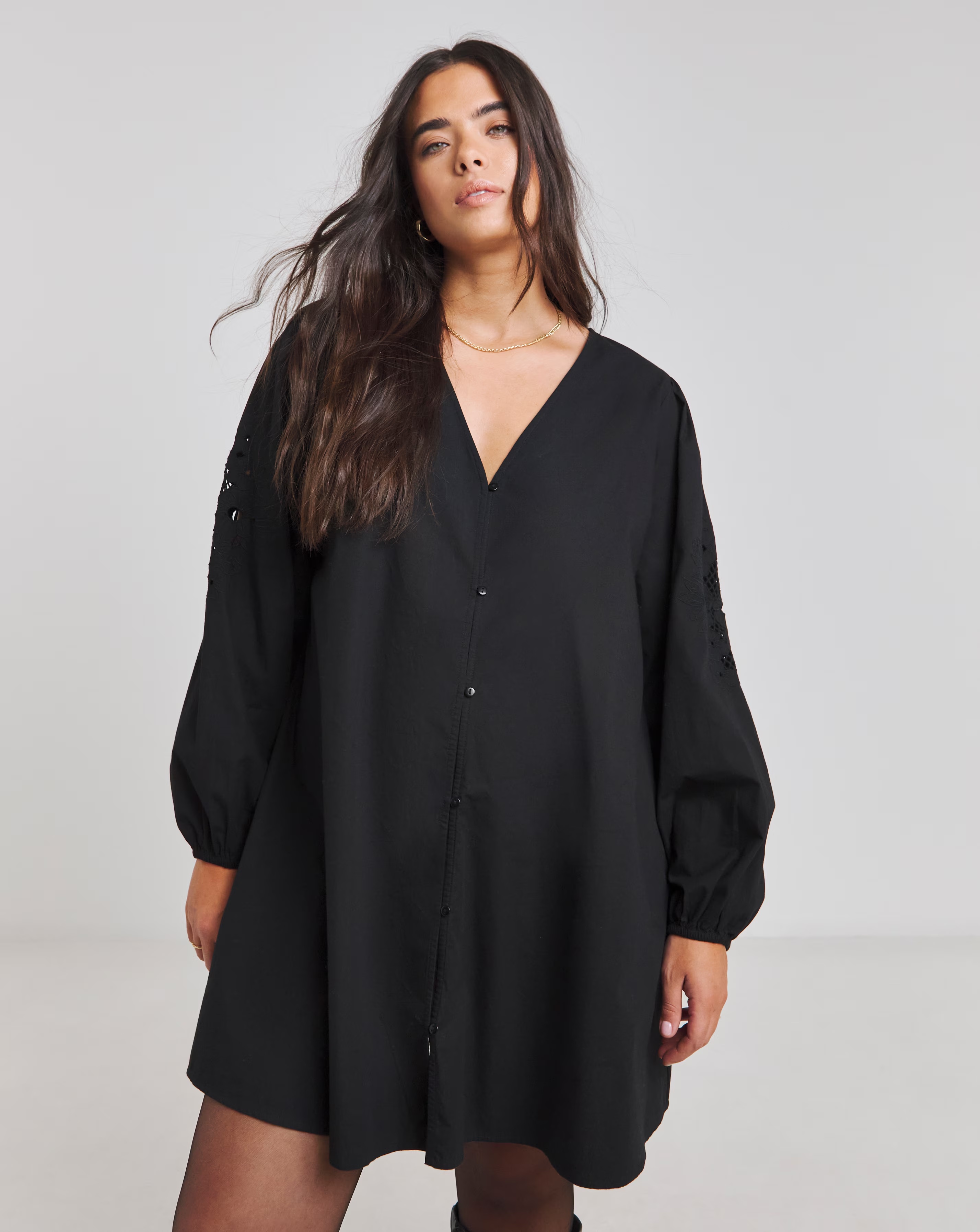 Black Embroidered Sleeve Swing Dress