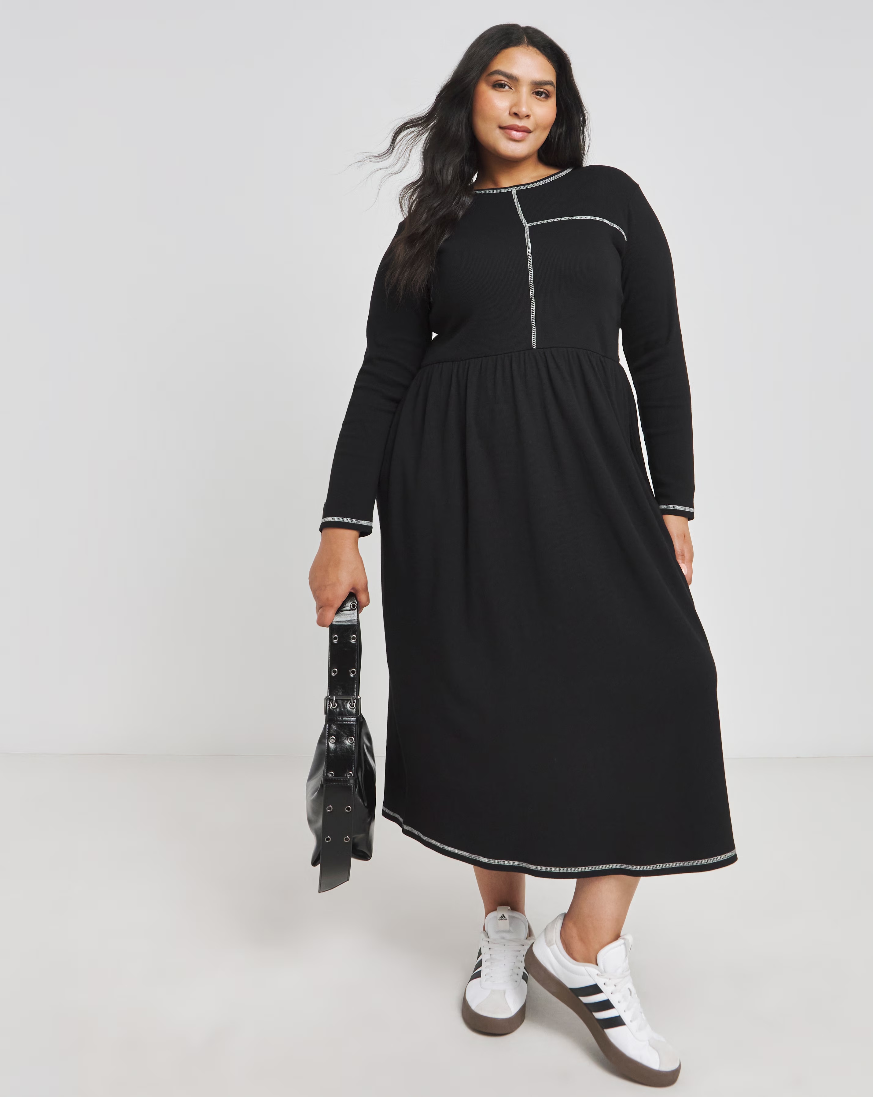 Black Ribbed Contrast Seam Midi Dress With Pockets