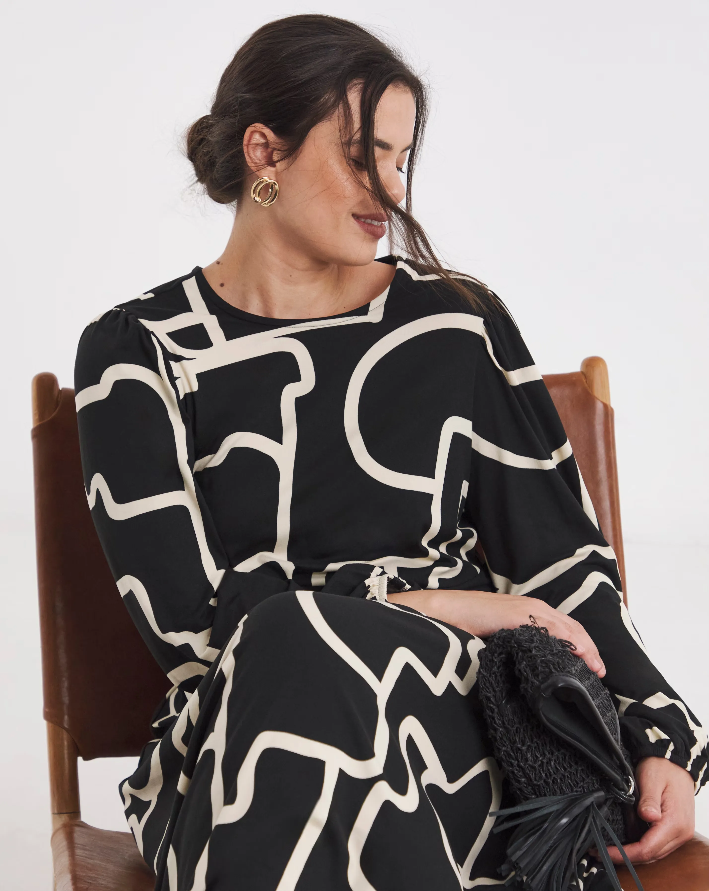 Black Print Supersoft Midi Dress With Tie Back Detail