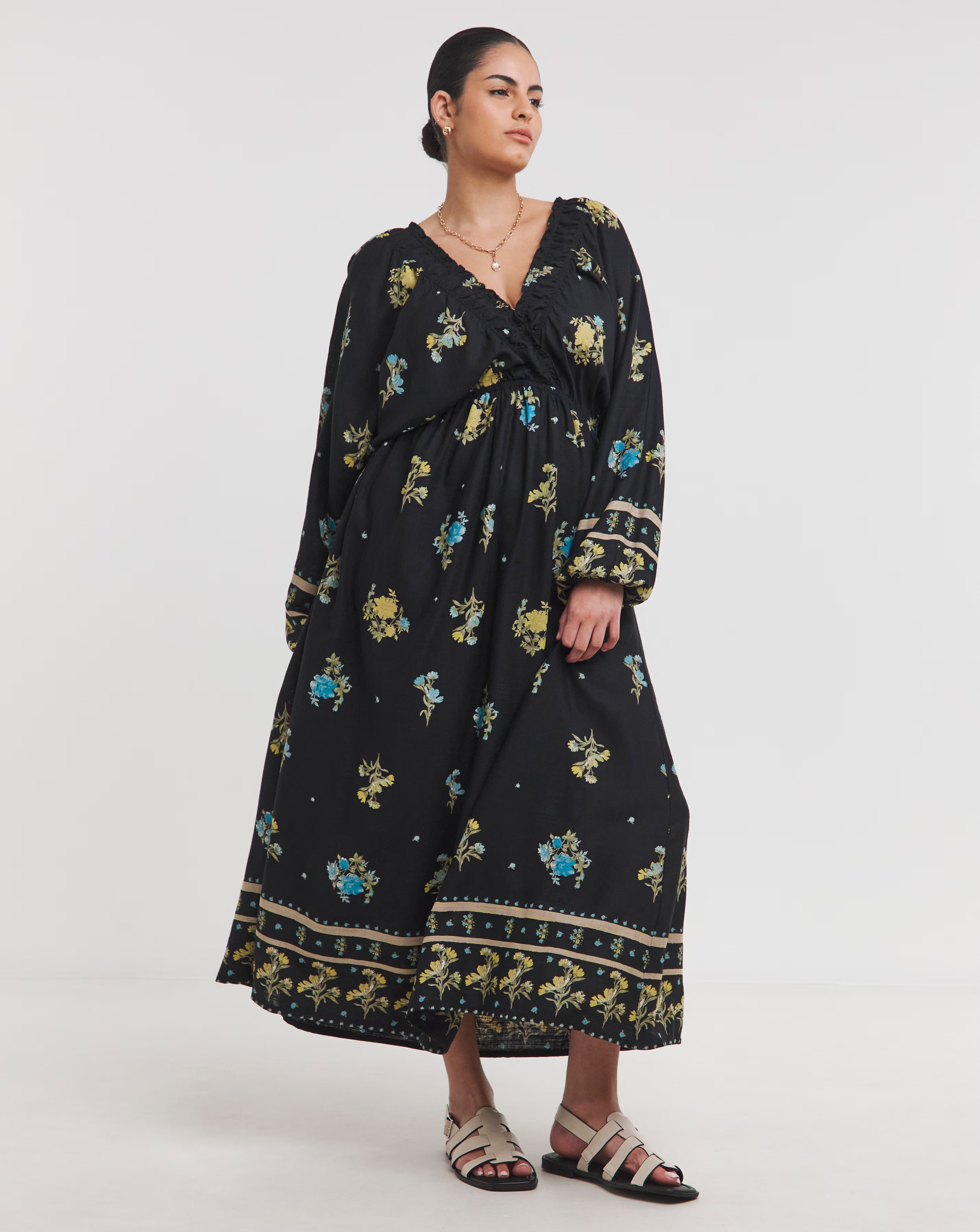 Simply Be Black Floral Printed Linen Blend Midi Dress