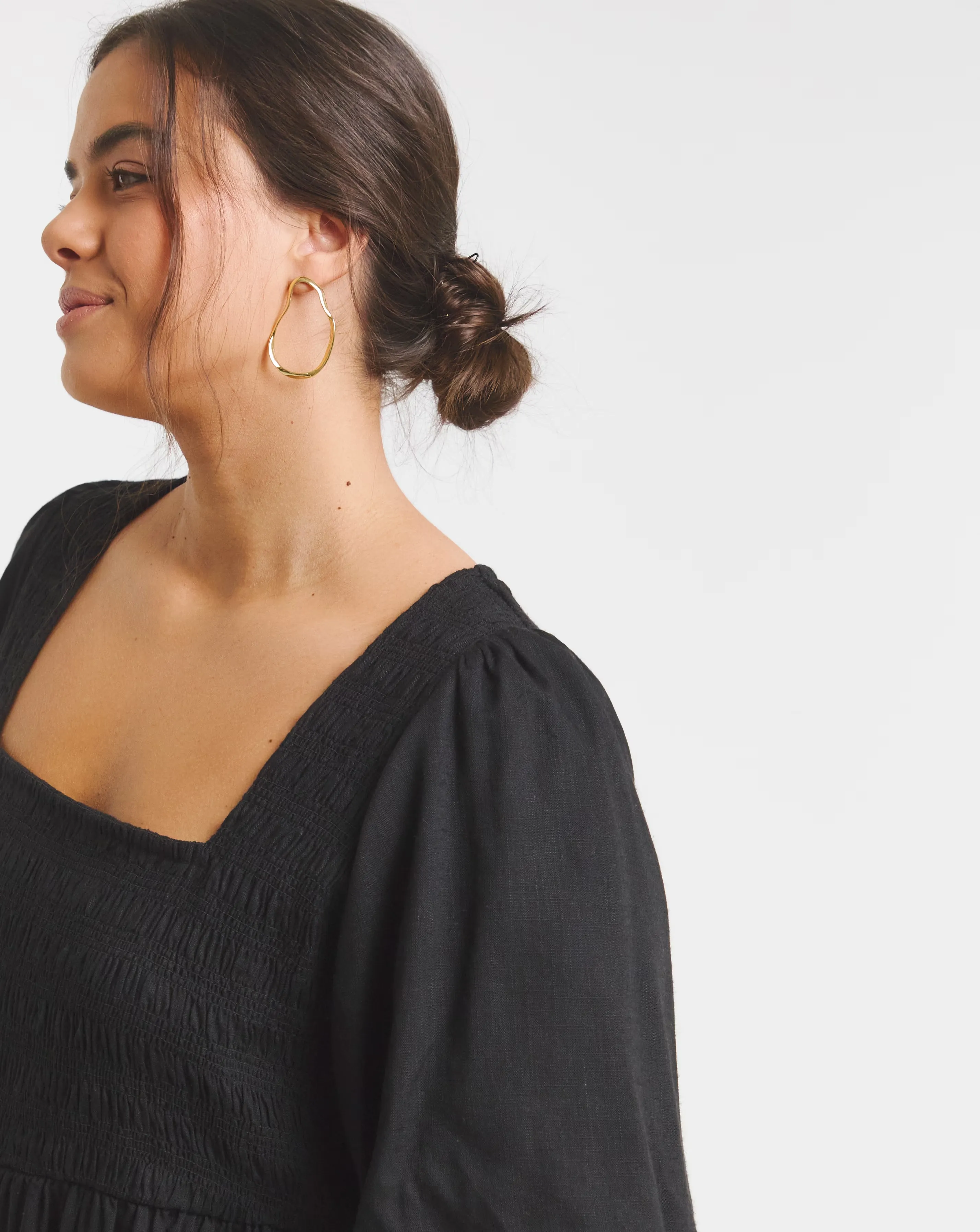Black Linen Blend Shirred Skater Dress