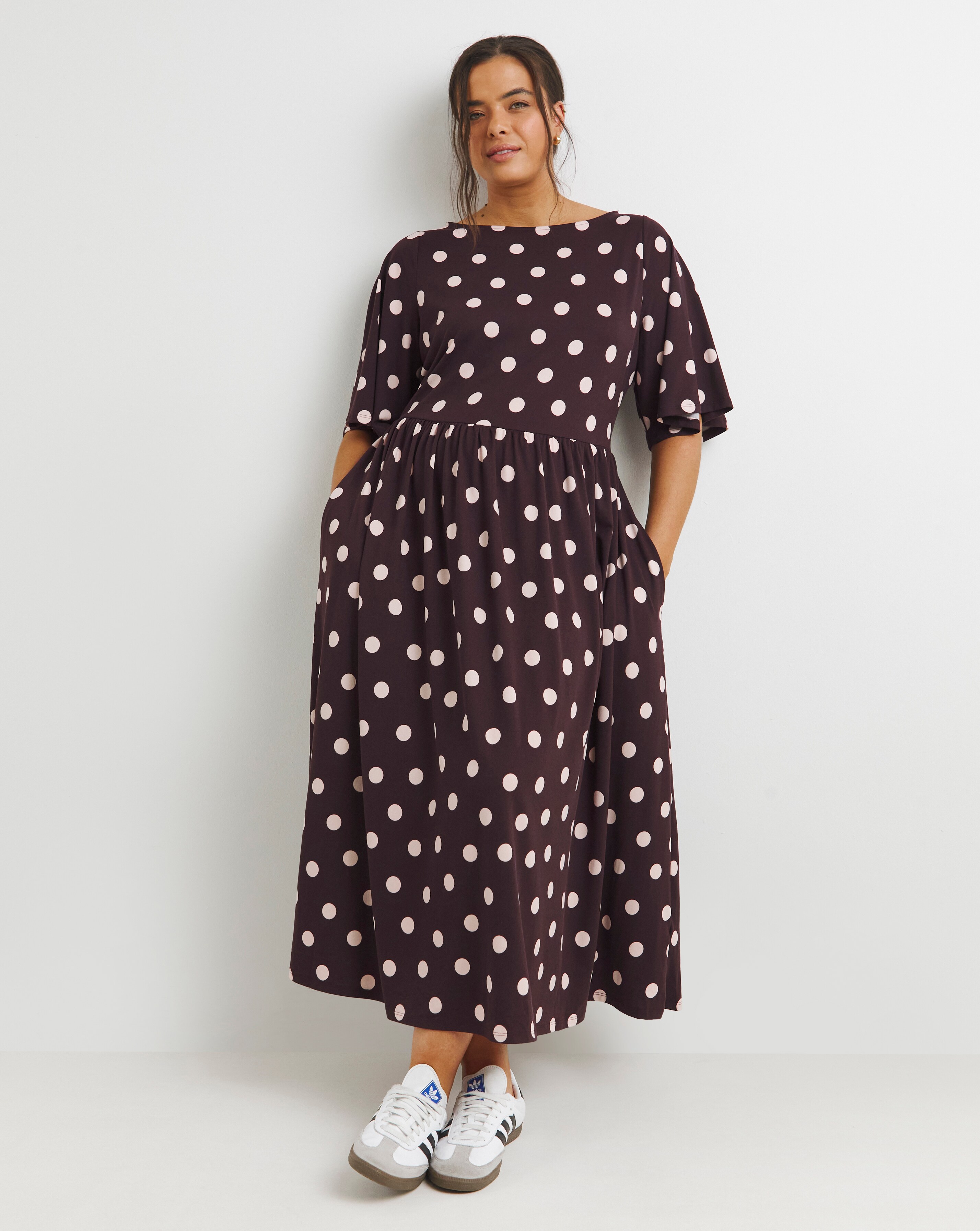 Spot Print Supersoft Boat Neck Pocket Midi Dress