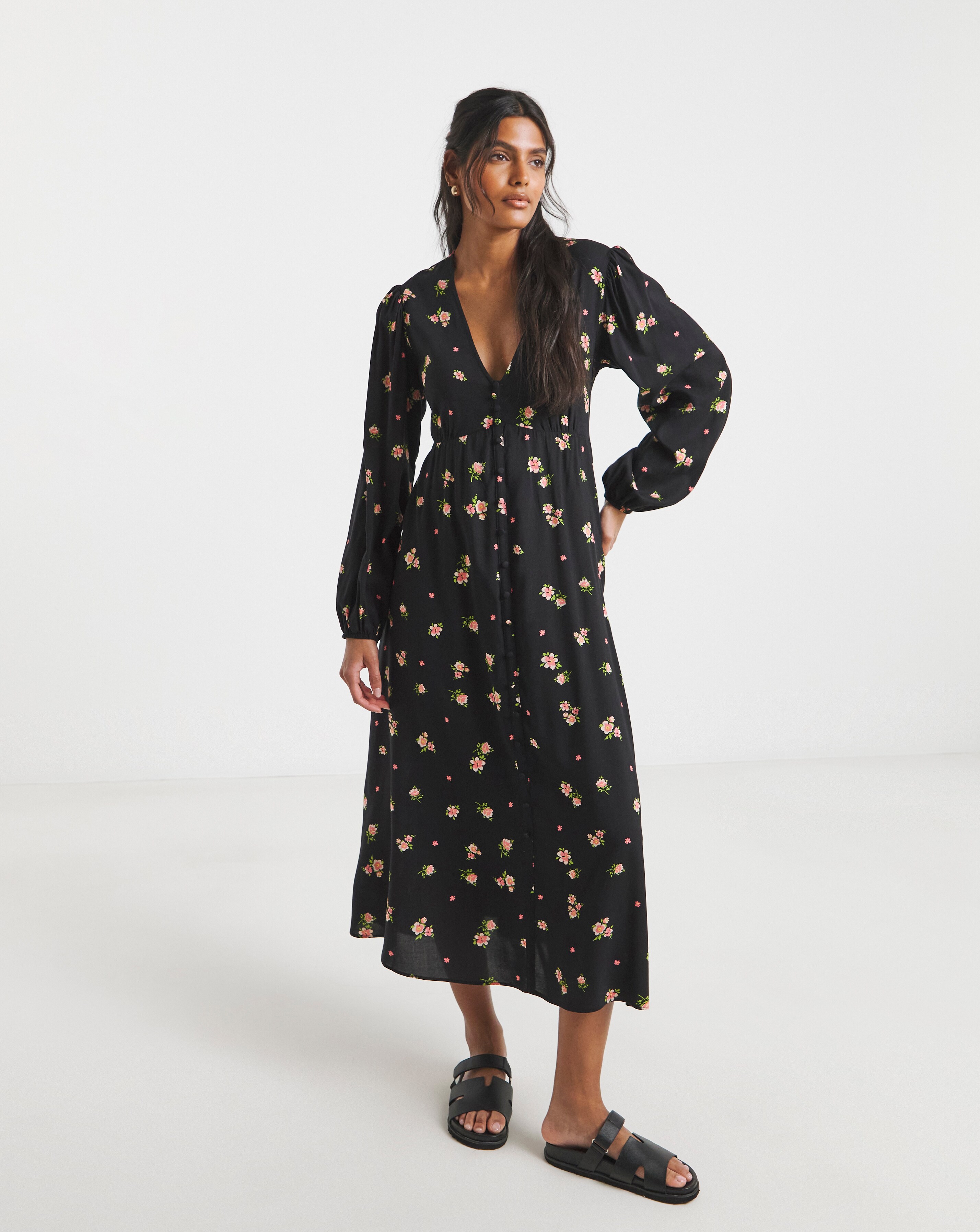 Black Ditsy Floral Print Spun Viscose Button Through Midi Dress