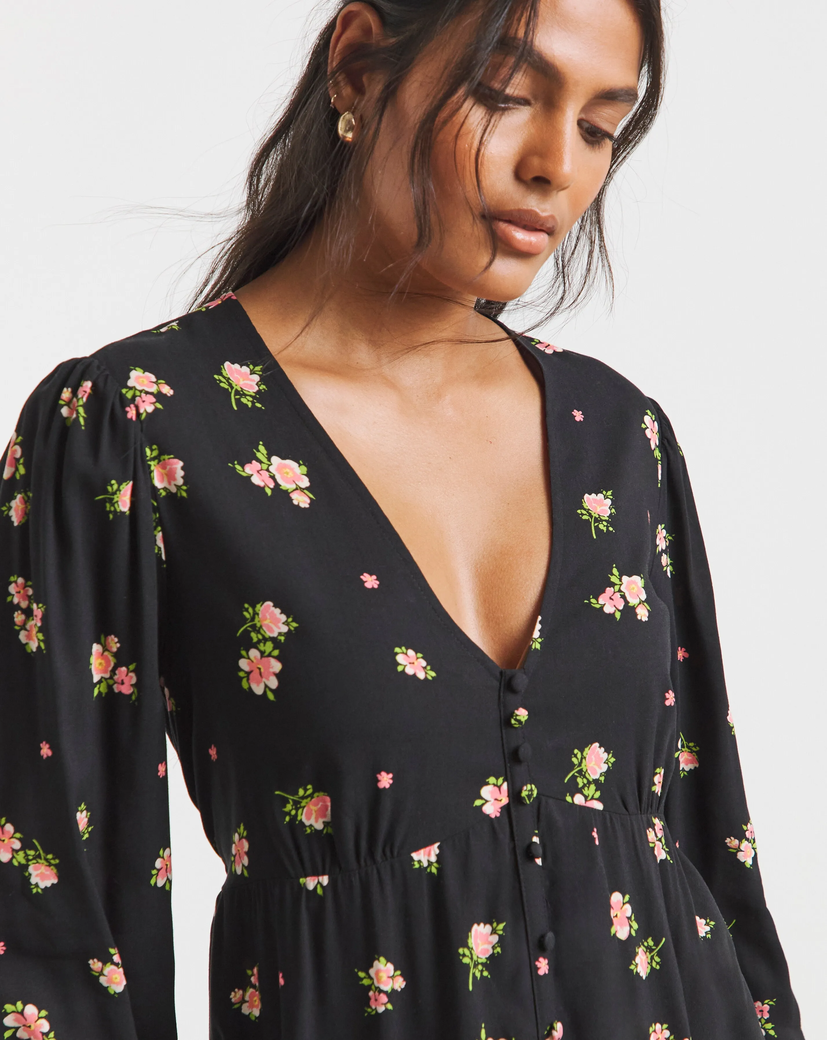 Black Ditsy Floral Print Spun Viscose Button Through Midi Dress