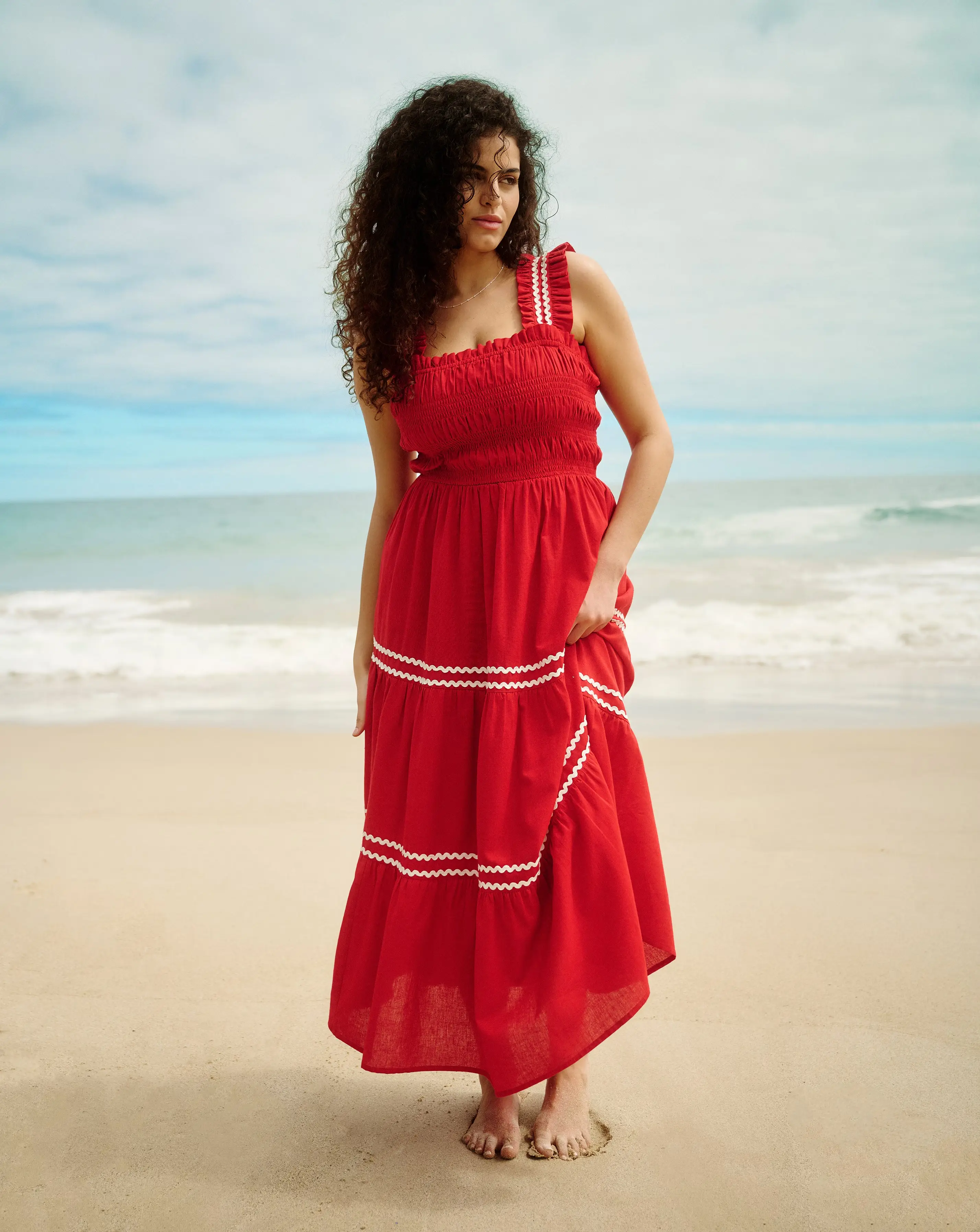 Red Shirred Midi Dress with Scallop Detail 1 131454-red-shirred-midi-dress-with-scallop-detail-1.webp