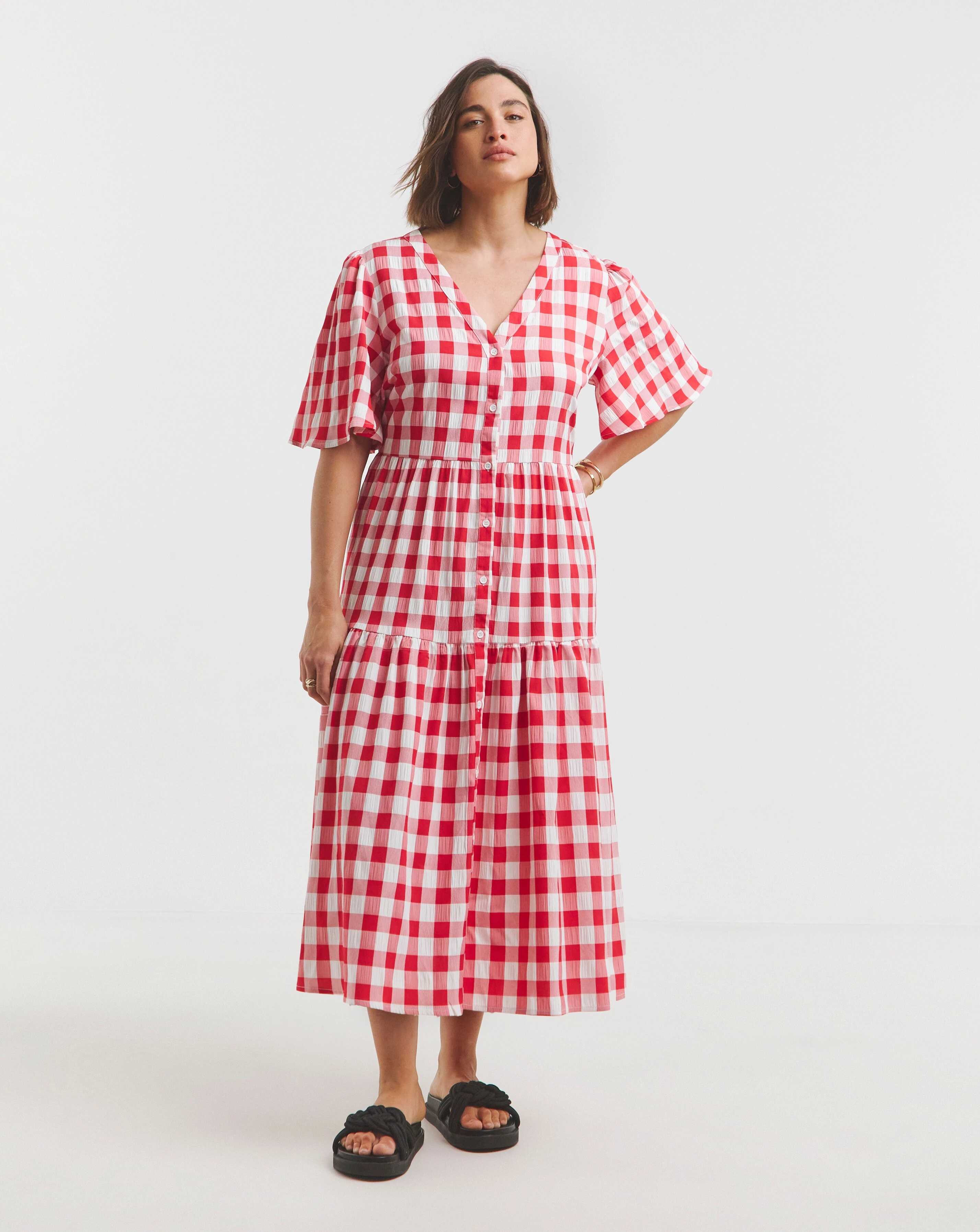 Simply Be Red/White Gingham Button Through Midi Dress