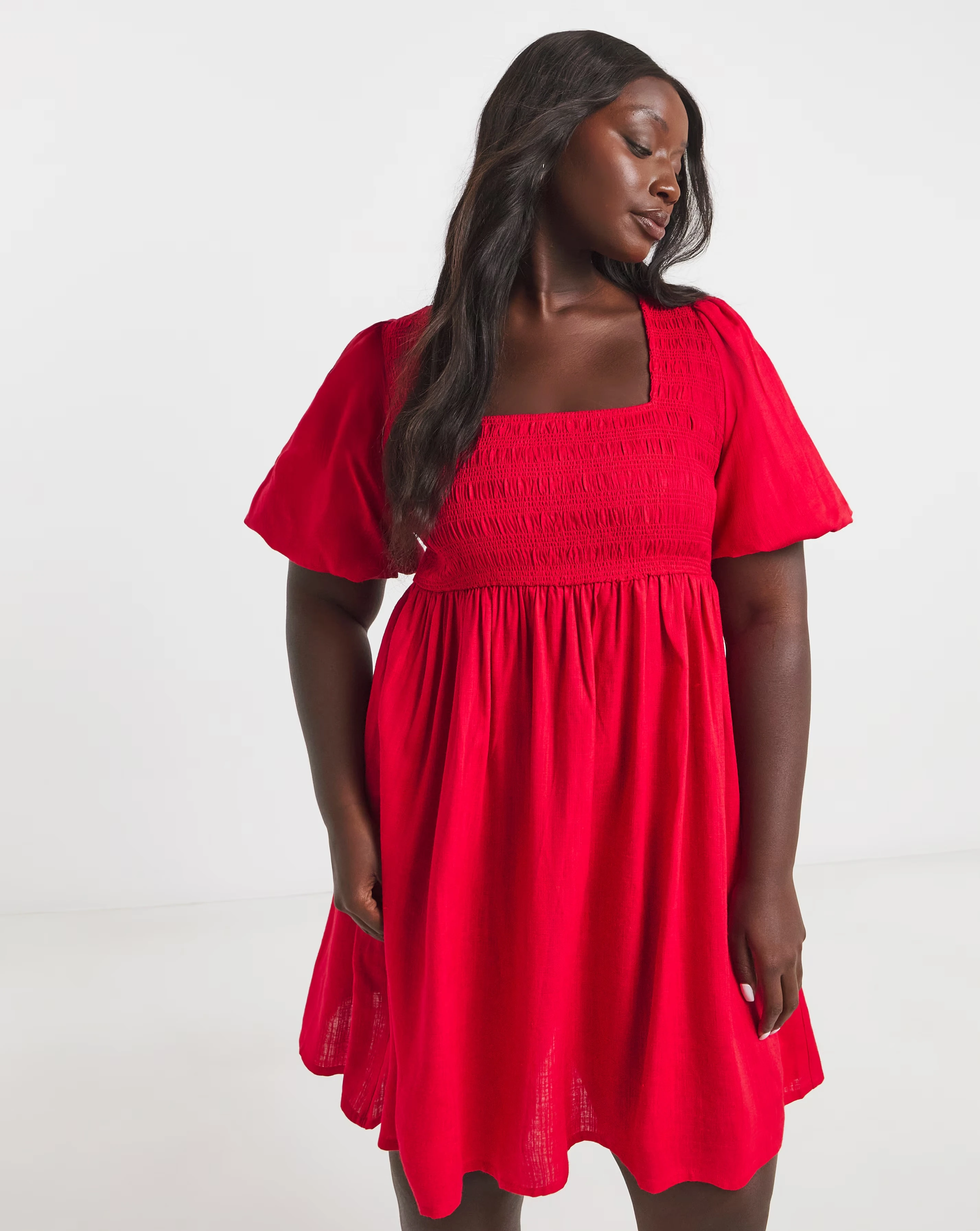 Simply Be Red Shirred Linen Blend Skater Dress