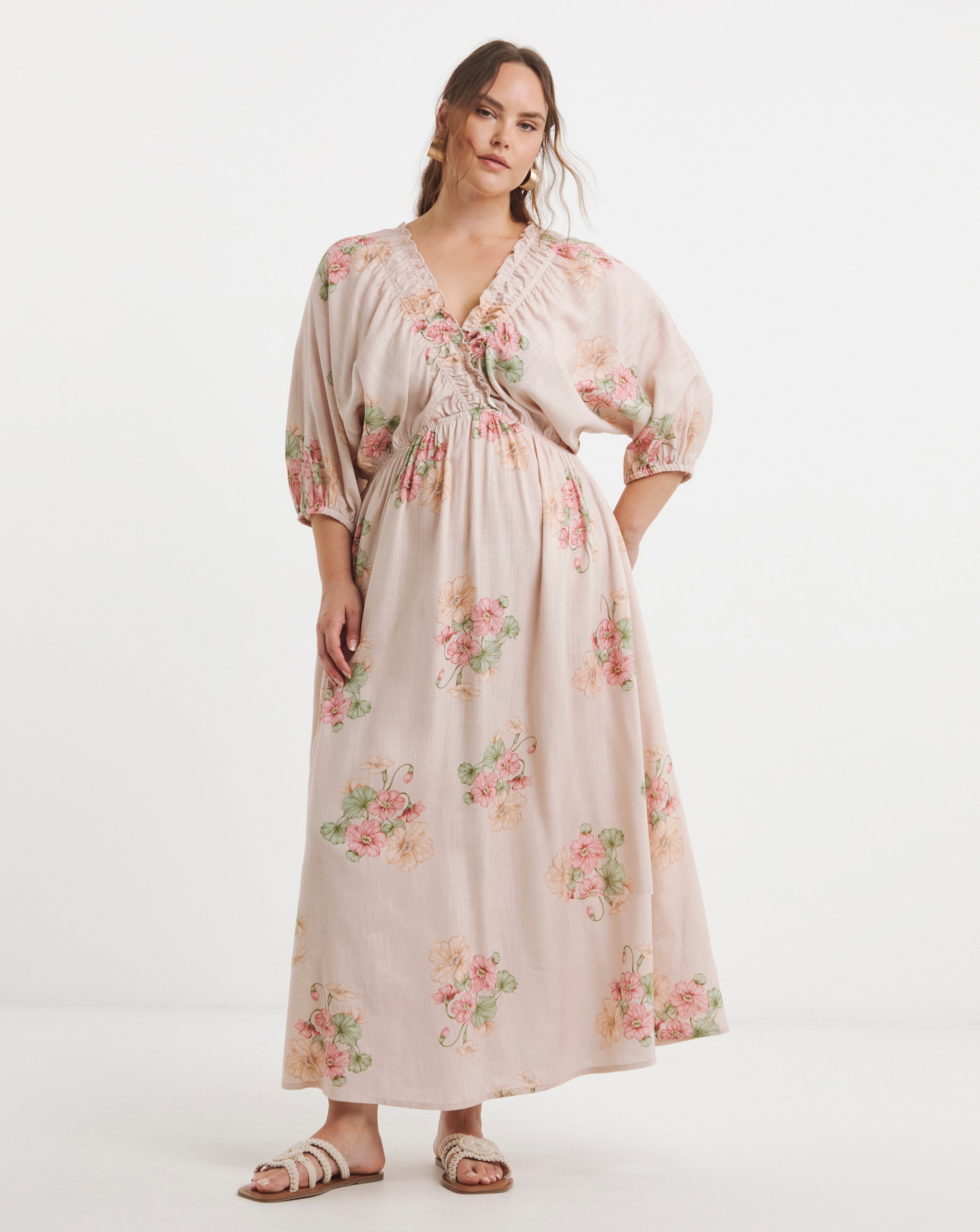Simply Be Pink Floral Printed Linen Blend Midi Dress