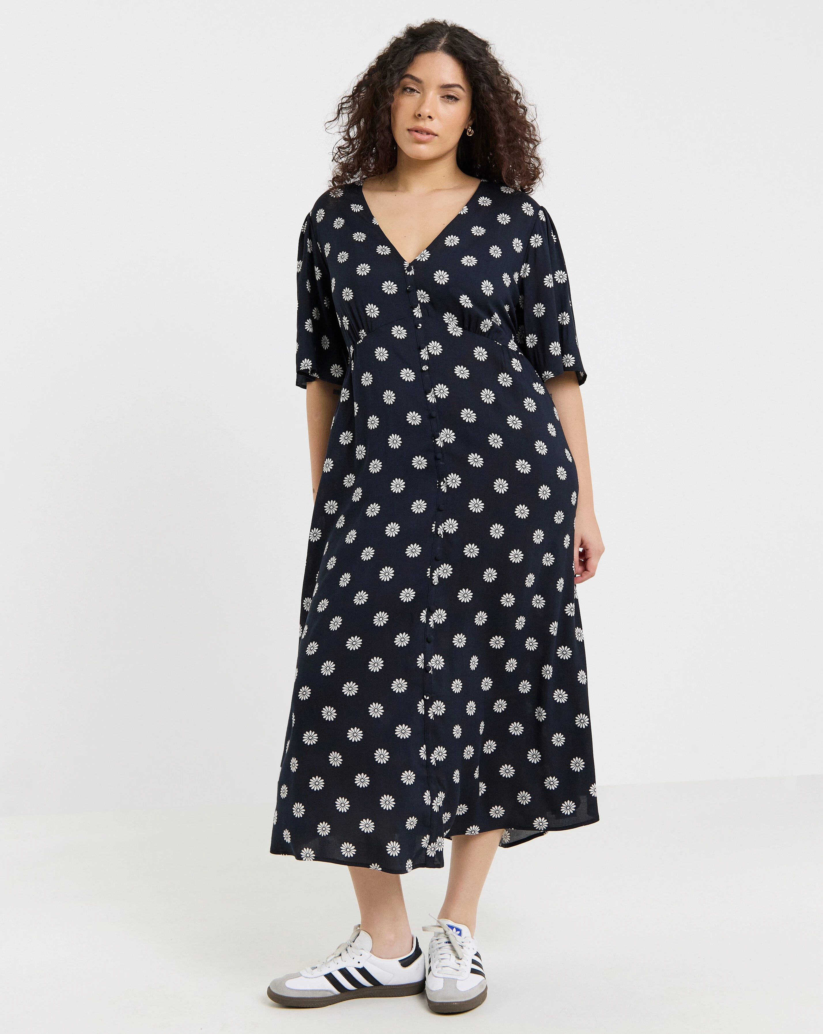 Black Ditsy Print Spun Viscose Button Up Midi Dress