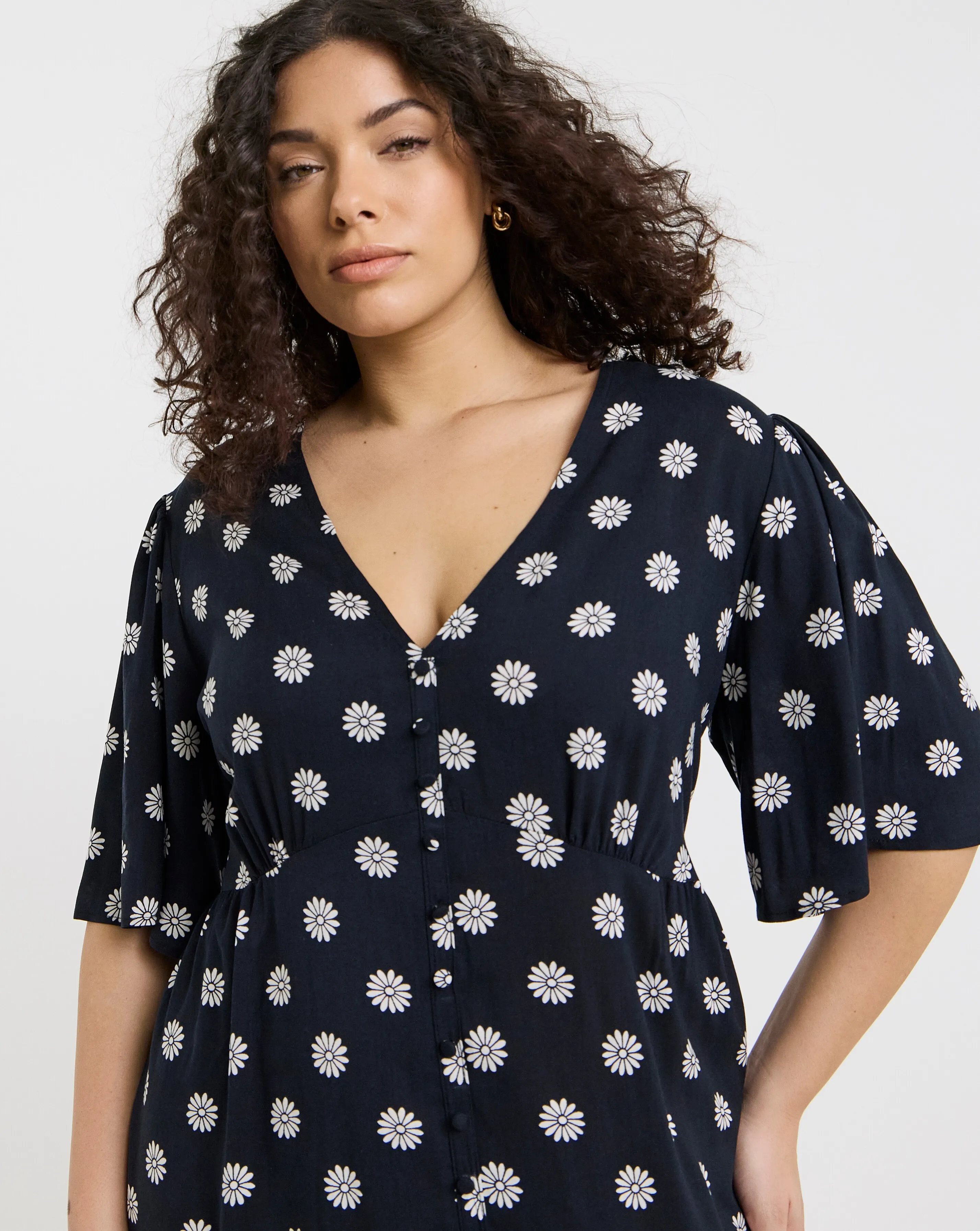 Black Ditsy Print Spun Viscose Button Up Midi Dress