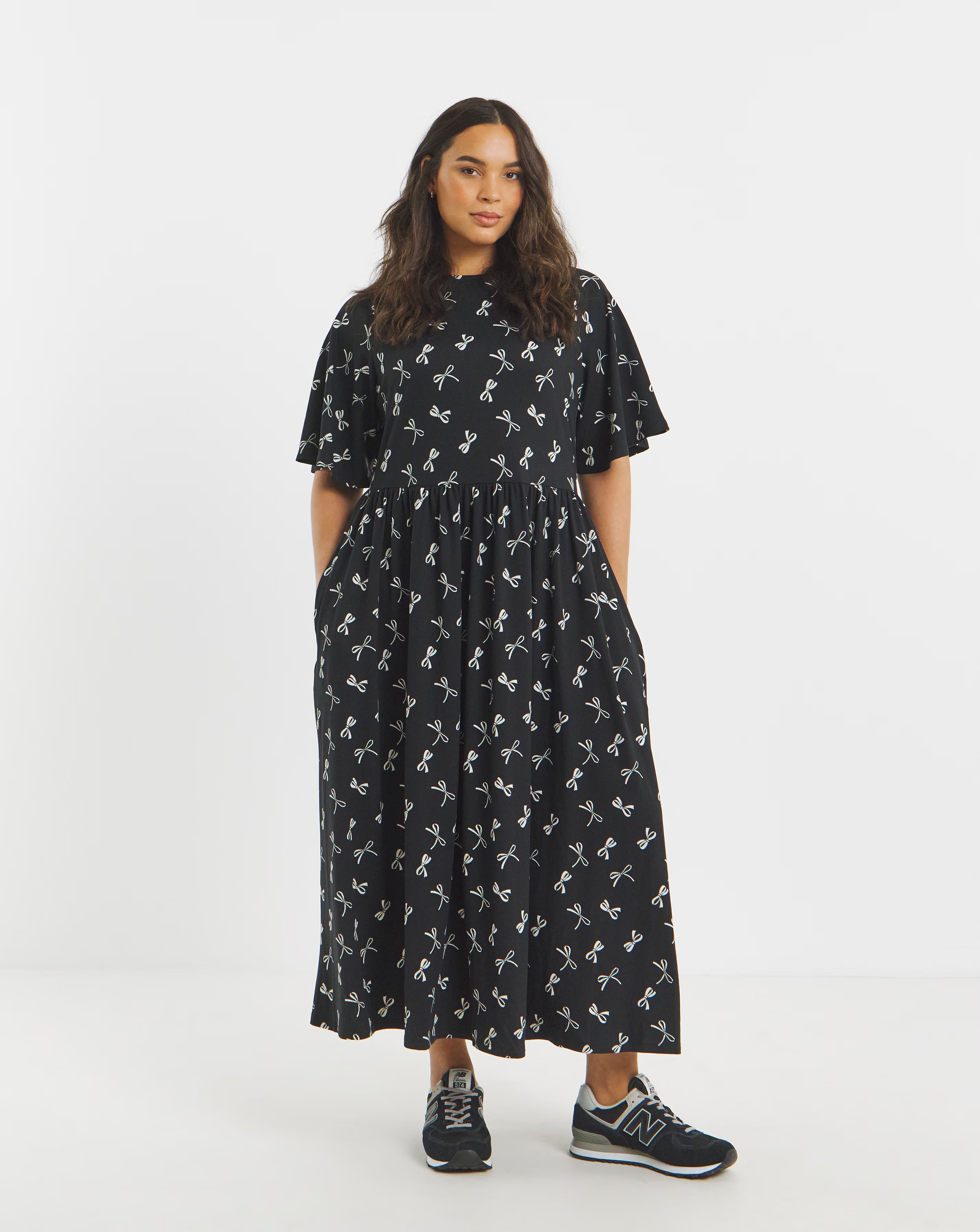Bow Print Supersoft Boat Neck Midi Dress With Pockets