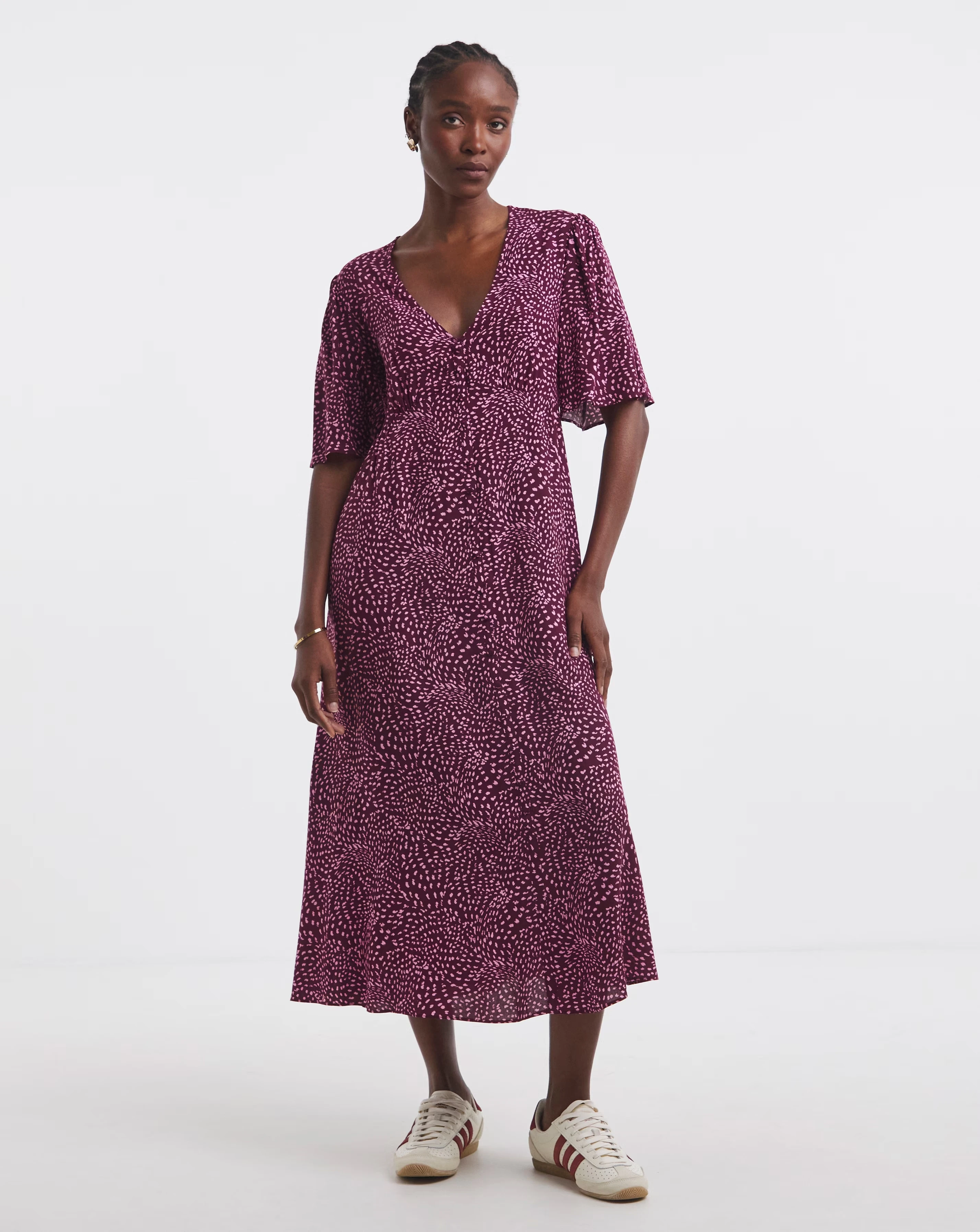 Berry Print Spun Viscose Button Up Midi Dress