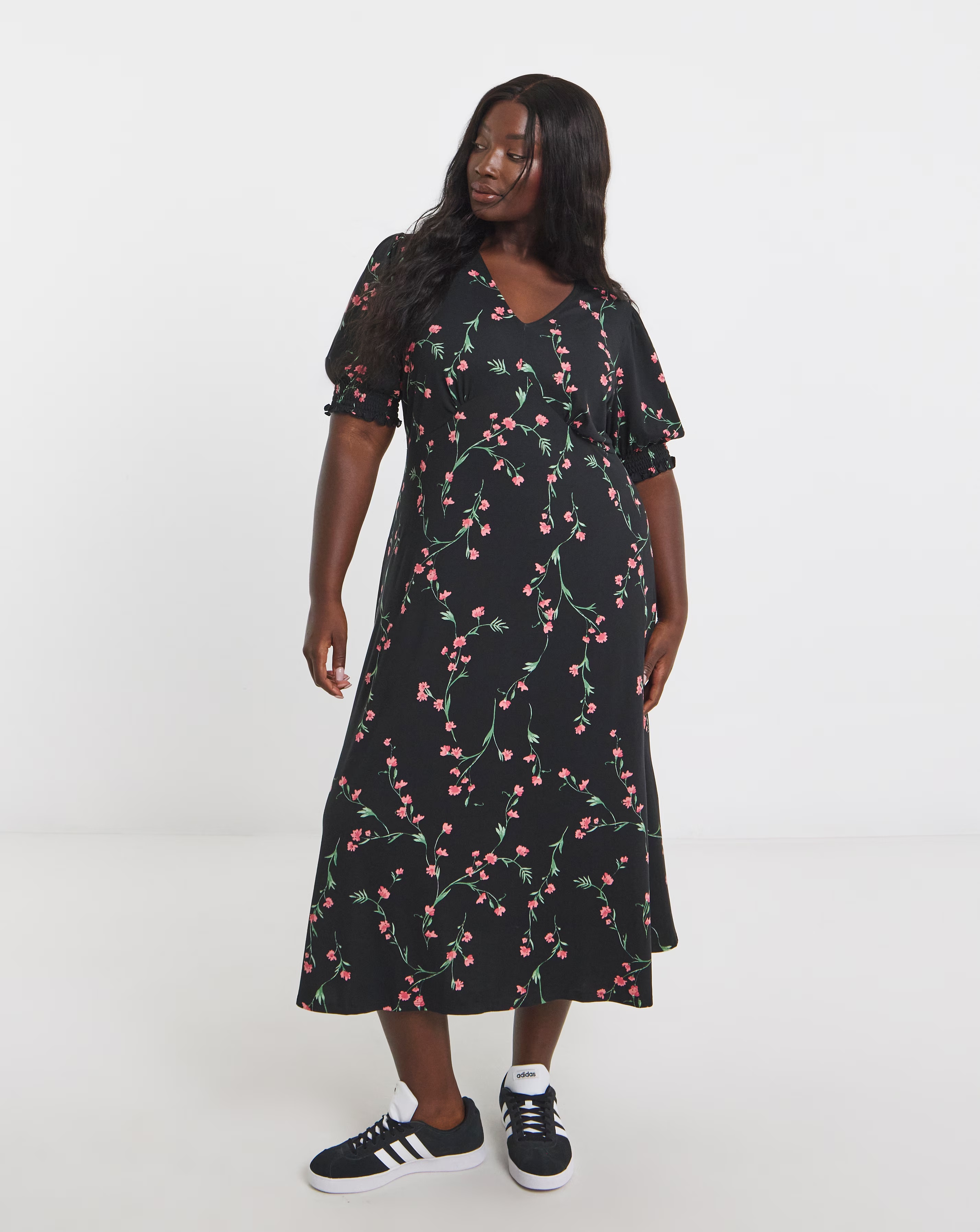 Black Ditsy Floral Print Supersoft Midi Dress