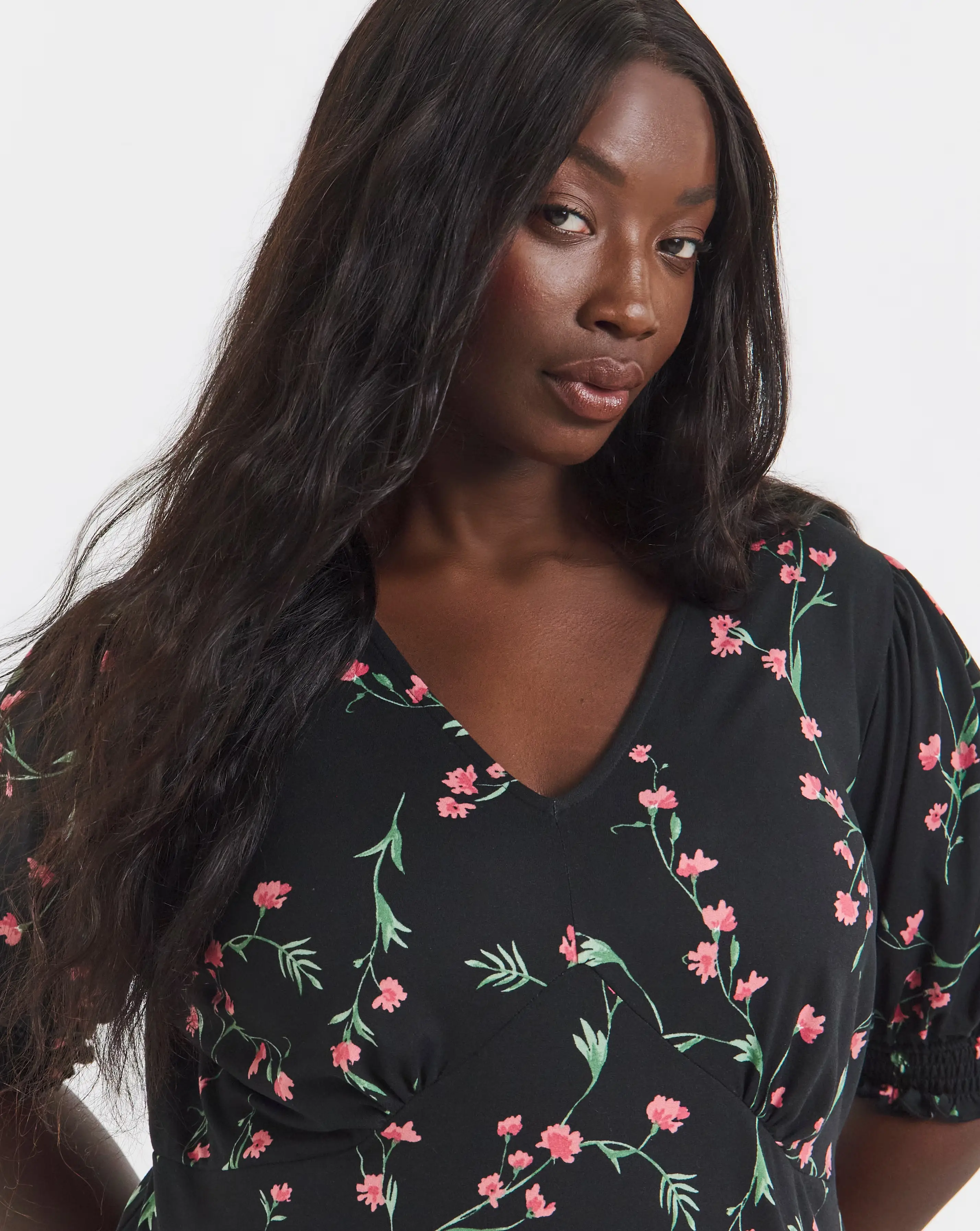 Black Ditsy Floral Print Supersoft Midi Dress