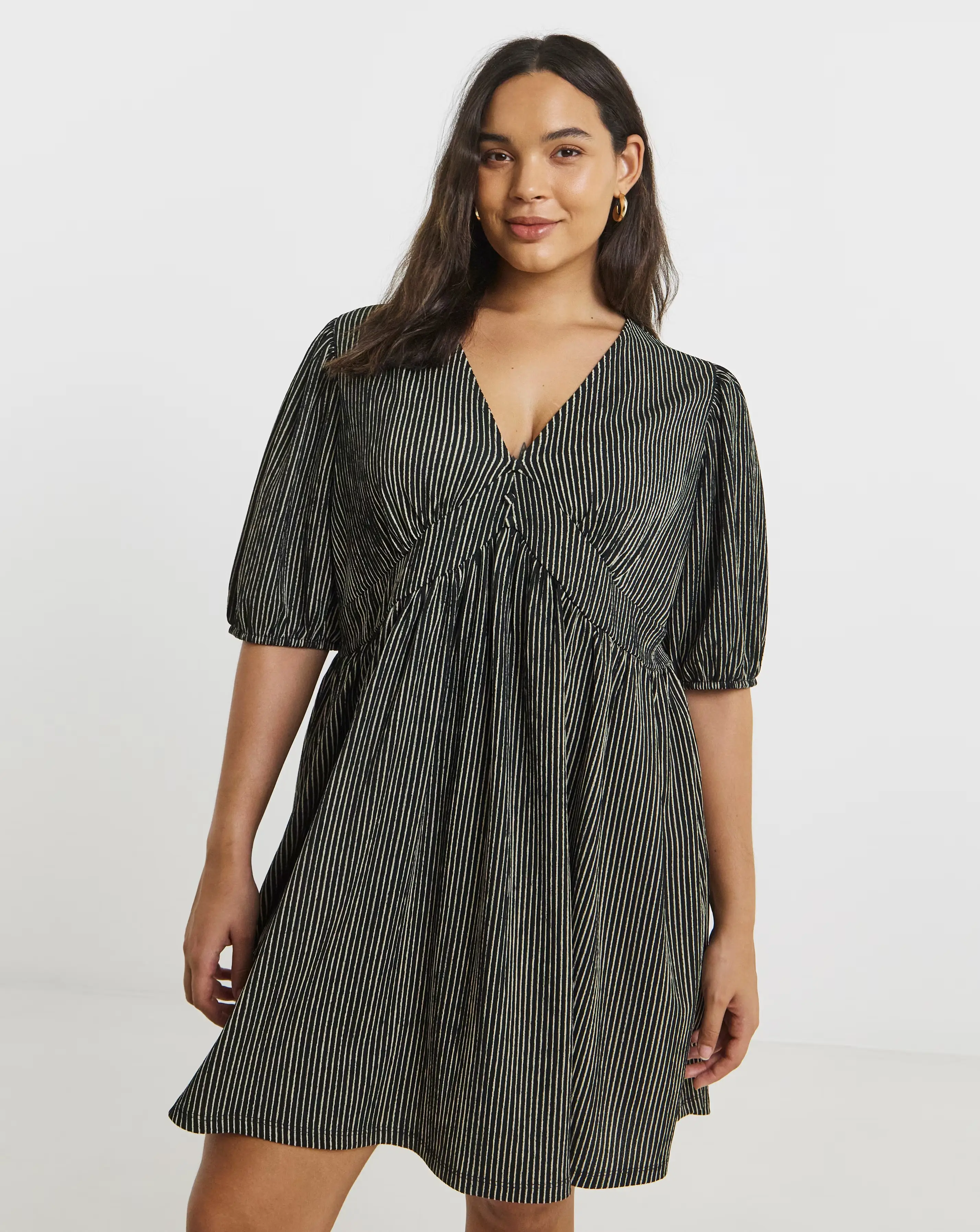 Simply Be Black Stripe Waffle Waist Detail Skater Dress