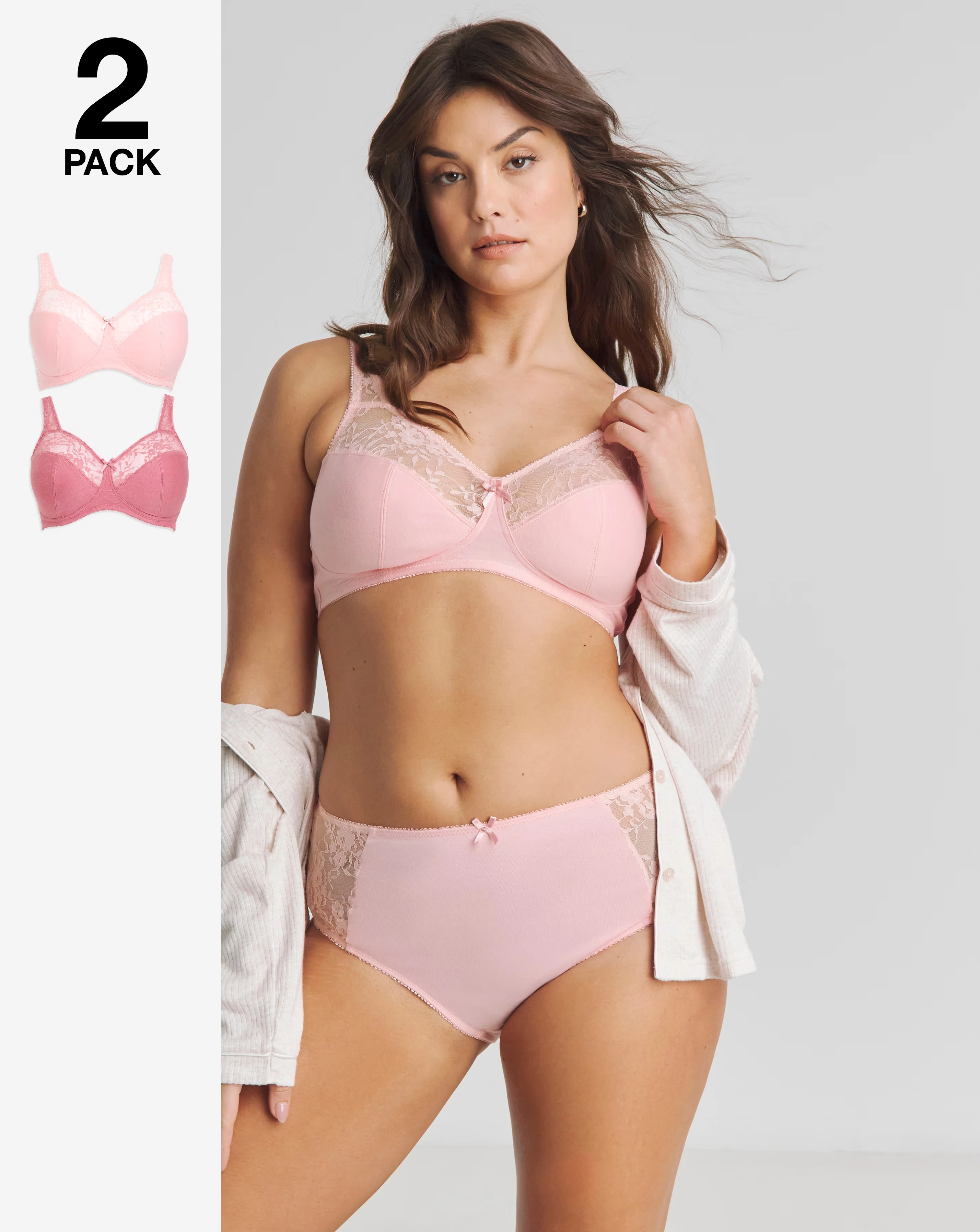 Pretty Secrets (2 Pack) Cotton Lace Non Wired Full Cup Bras (B-G) Pink Multi
