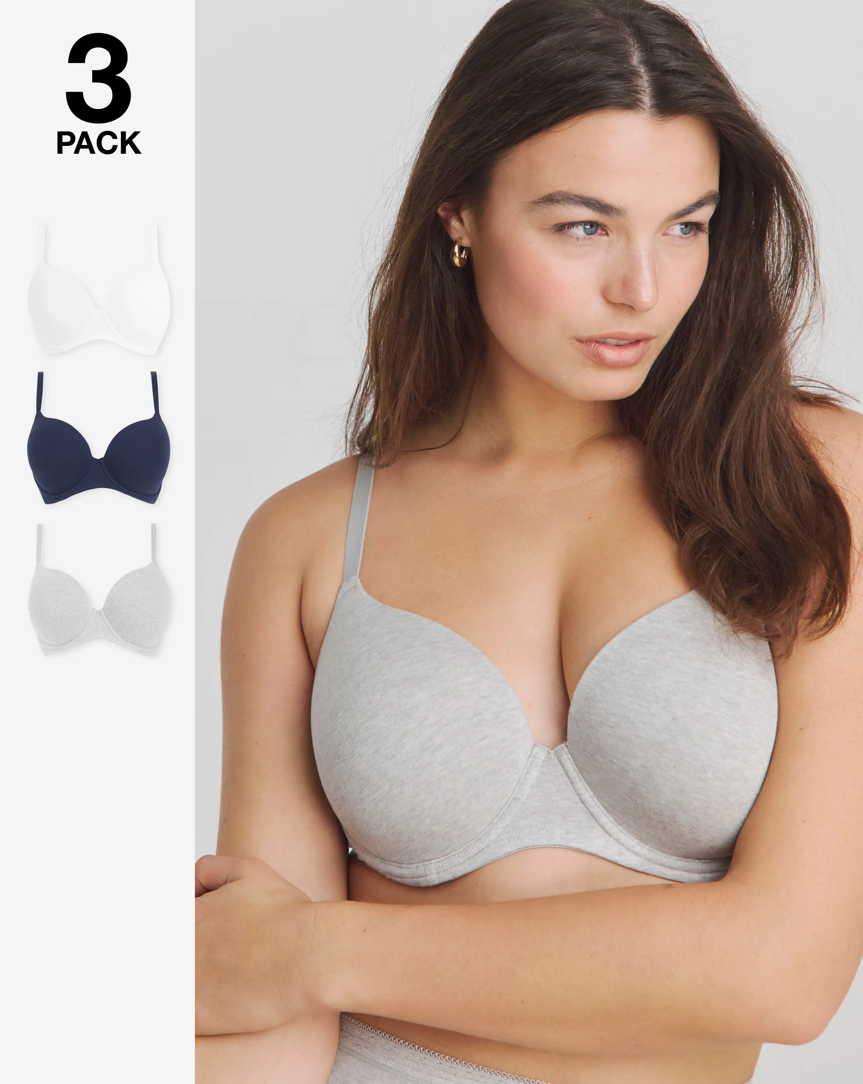 Pretty Secrets 3 Pack Cotton T-Shirt Bras B-F - Grey/White/Navy