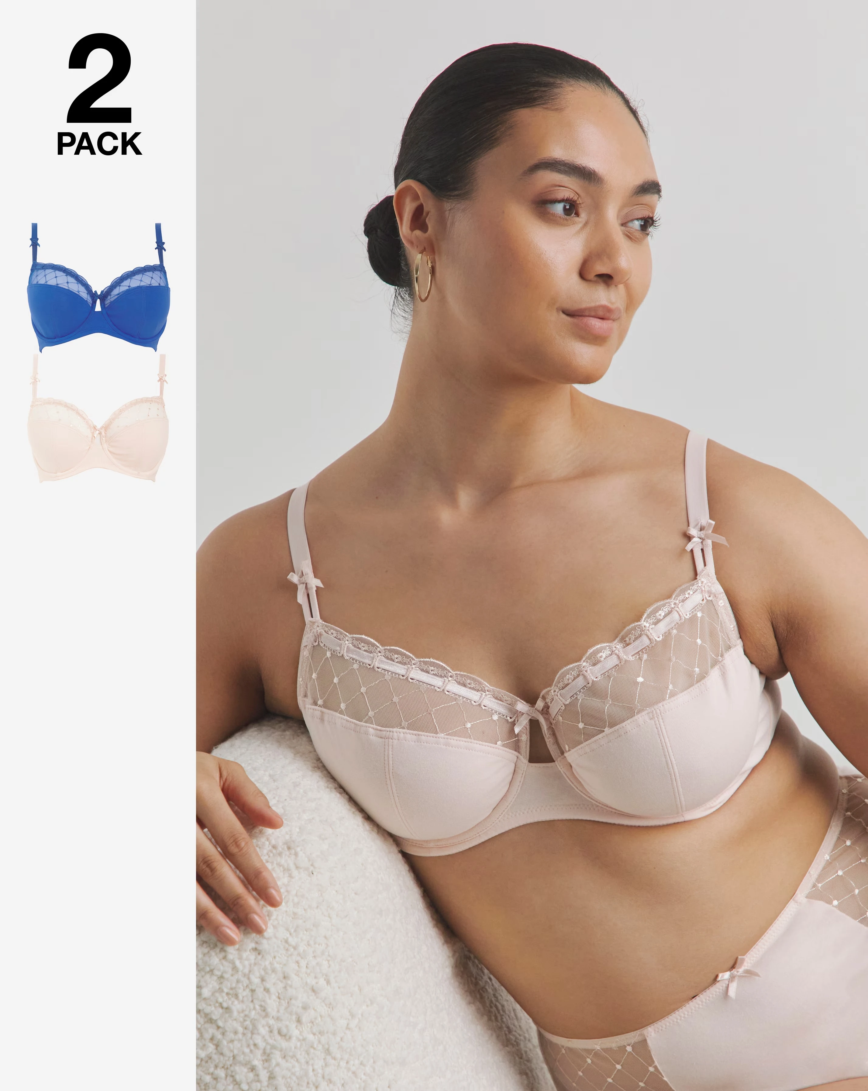 Pretty Secrets (2 Pack) Rachel Embroidery Balcony Bras (B-G) Blue/Cream