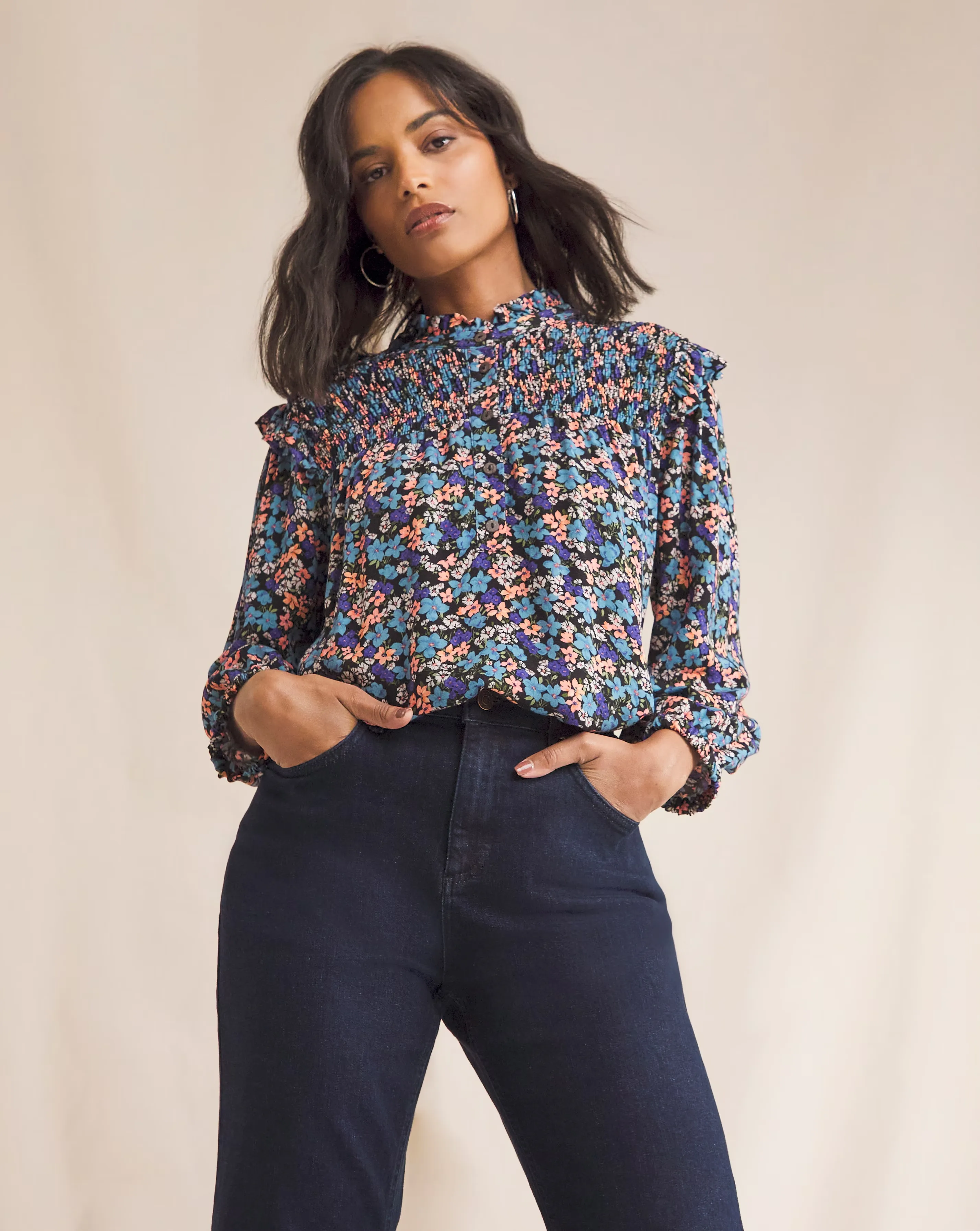 Anise Alyssa Multi Floral Three Quarter Sleeve Shirred Yoke Top 1 141722-anise-alyssa-multi-floral-three-quarter-sleeve-shirred-yoke-top-1.webp