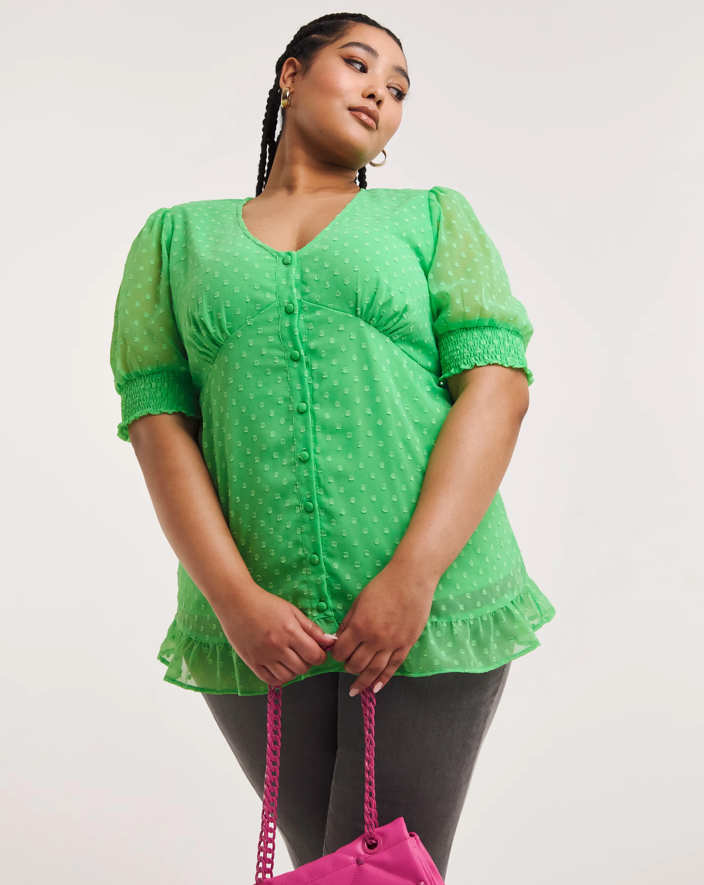 Green Dobby Button Through Blouse with Frill Detailing