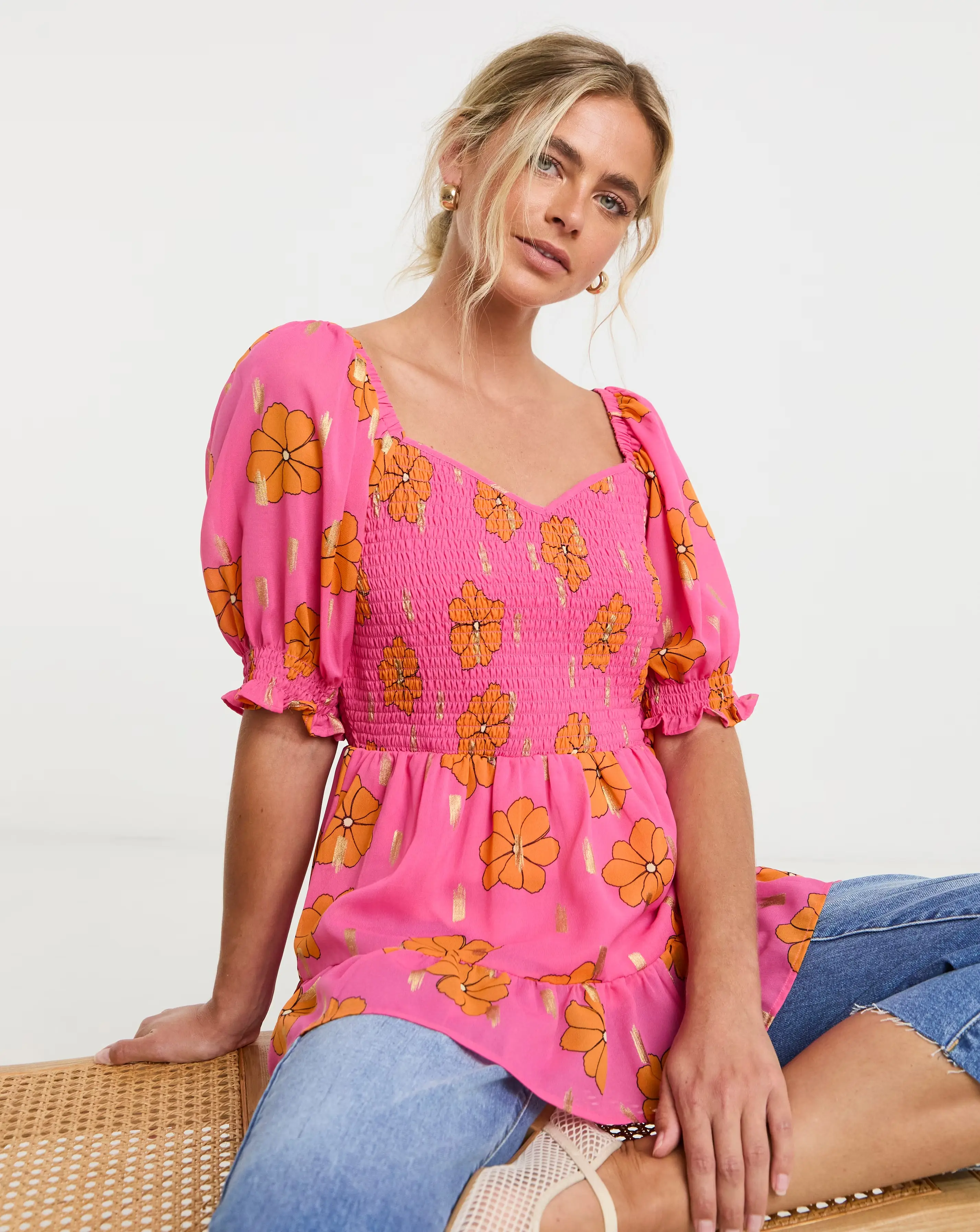 Foil Print Floral Sweetheart Shirred Peplum Top with Frill Detailing