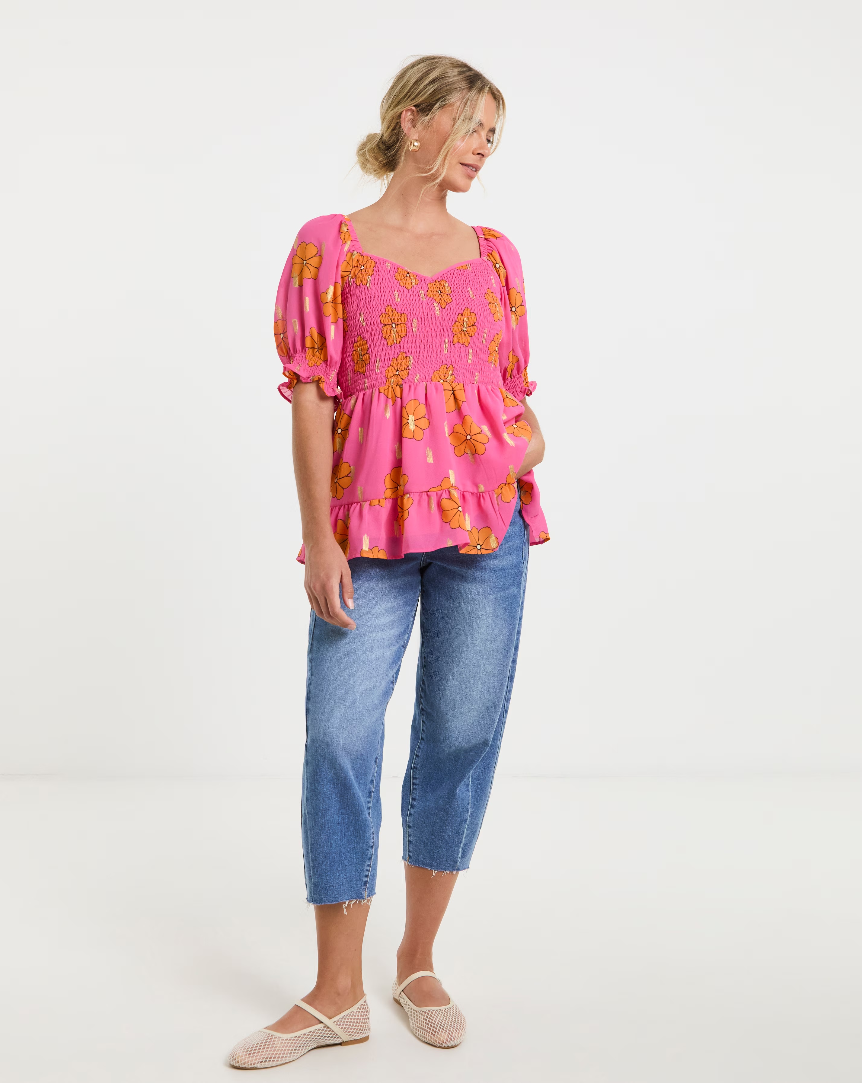 Foil Print Floral Sweetheart Shirred Peplum Top with Frill Detailing
