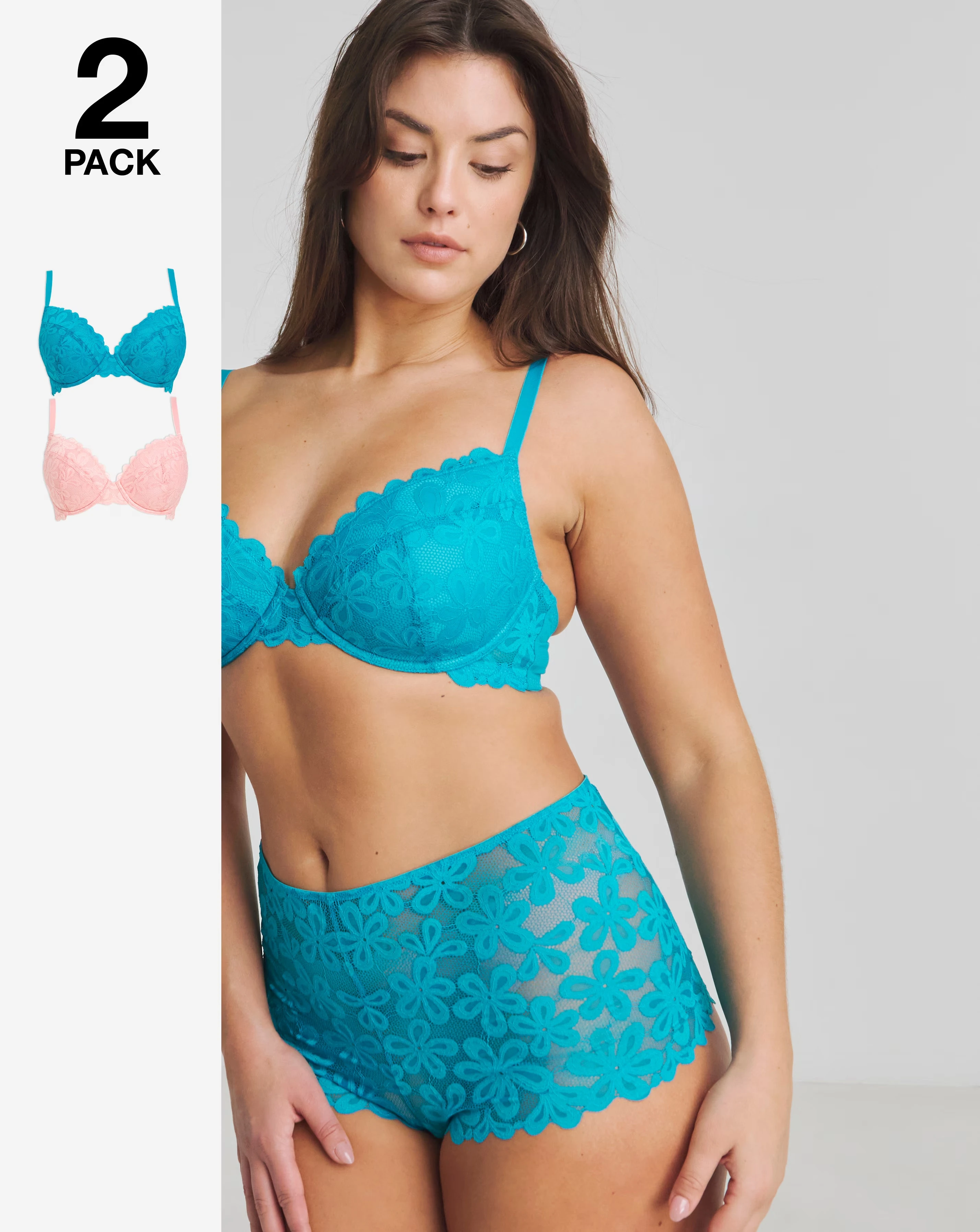 Pretty Secrets (2 Pack) Daisy Lace Plunge Bras (B-F) Blue/Pink