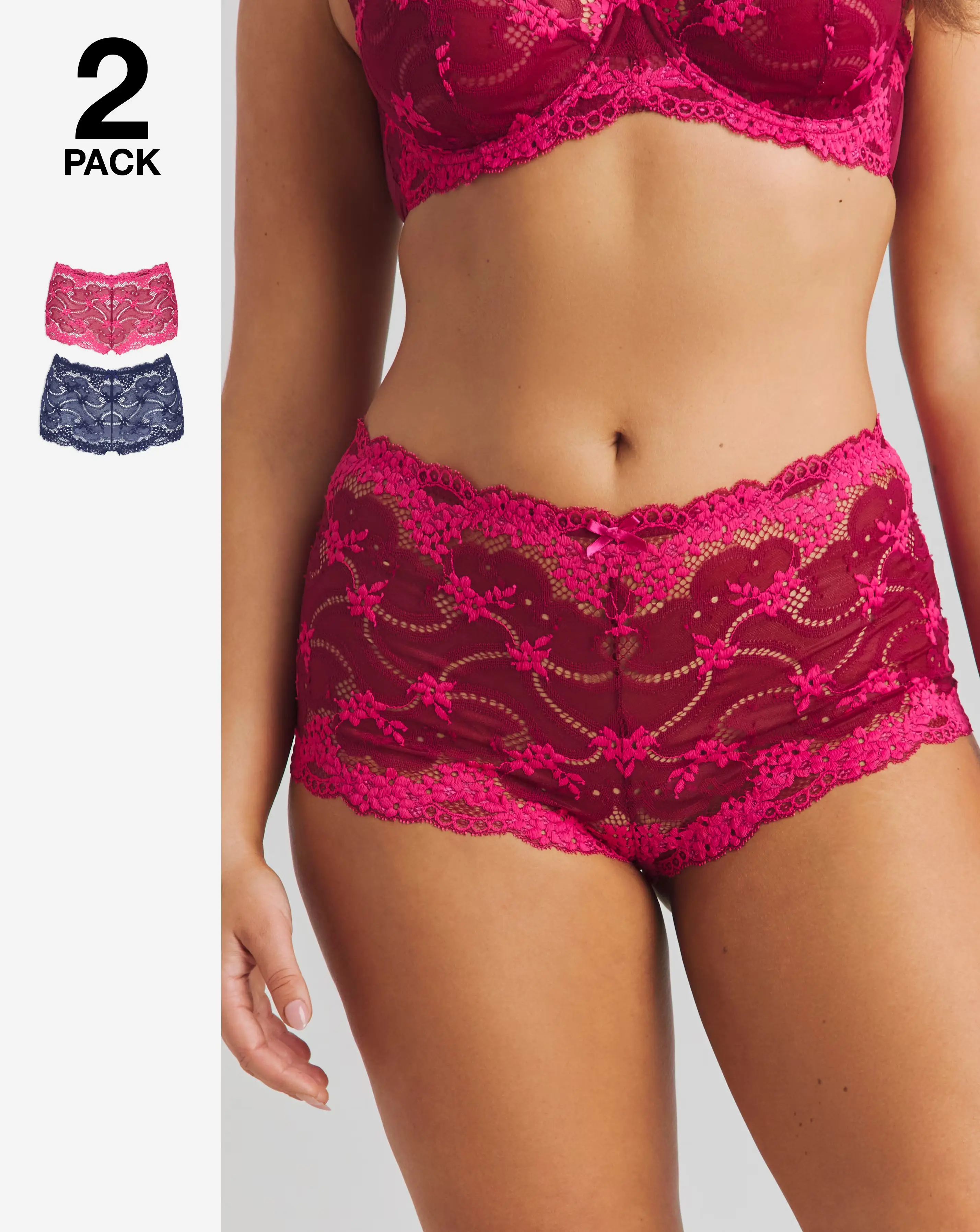Pretty Secrets (2 Pack) Grace Lace Short Brief Knickers Raspberry/Navy