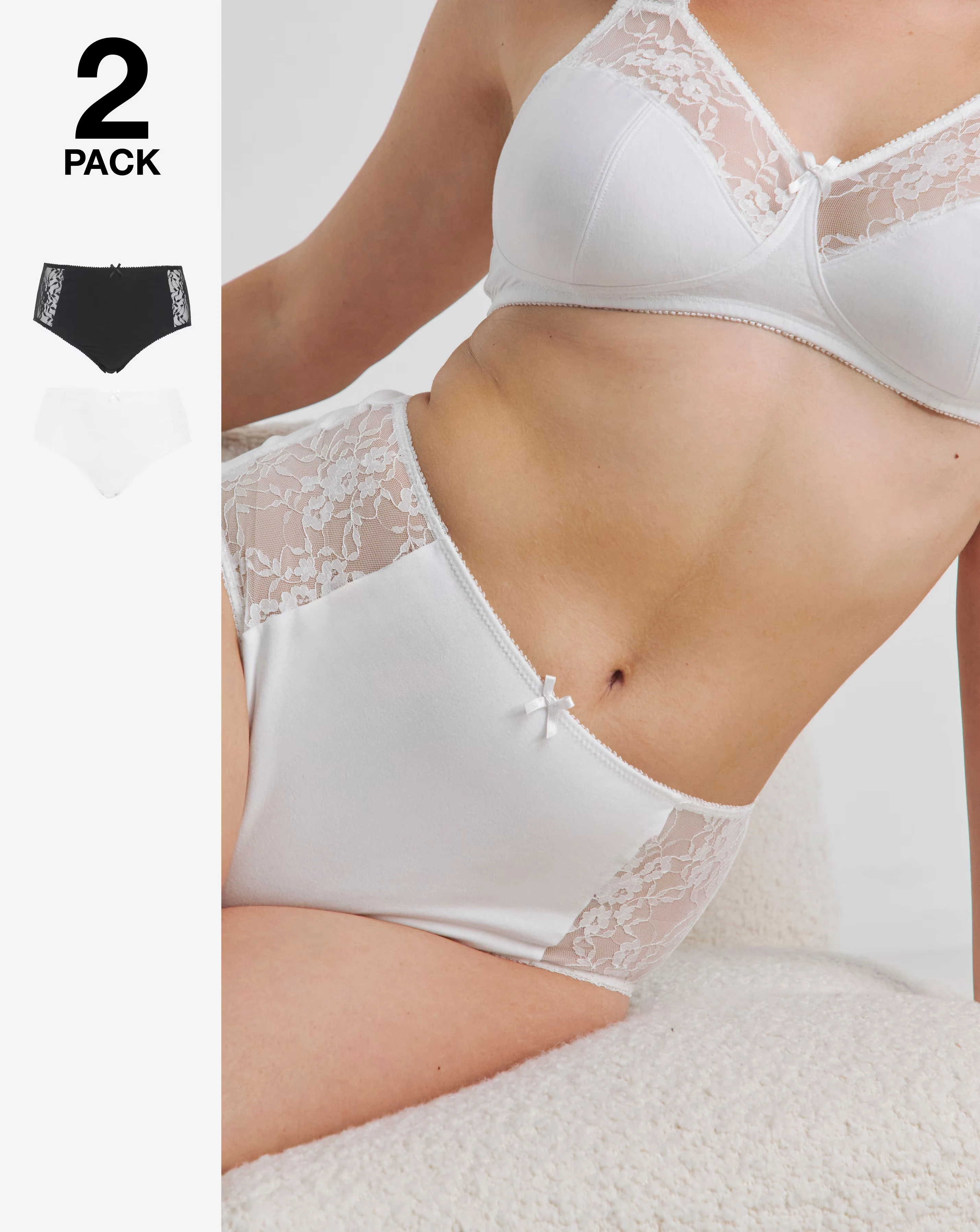 Pretty Secrets (2 Pack) Cotton Lace Full Fit Brief Knickers Black/White