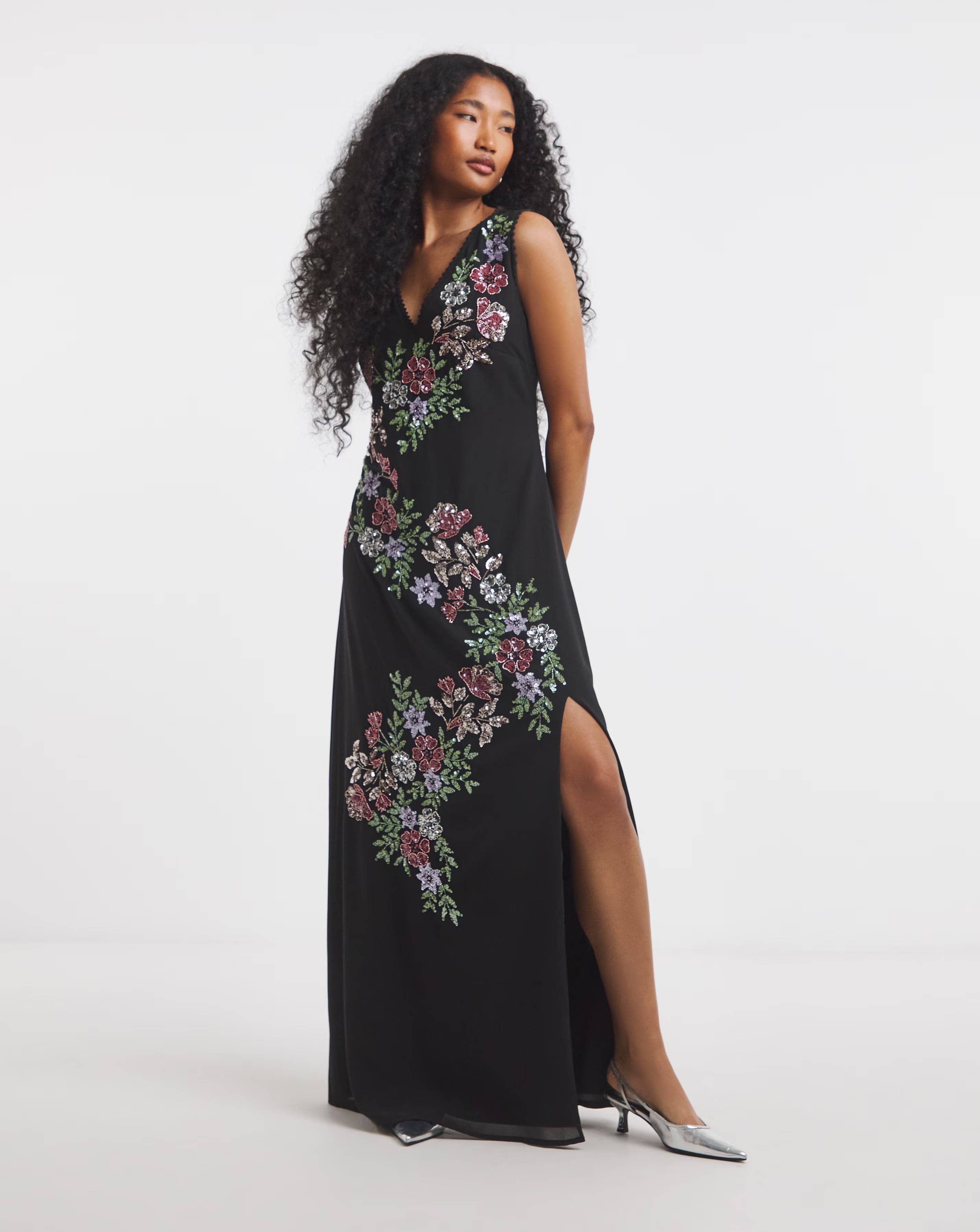Maya Curve Floral Embellished Front Split Maxi Dress