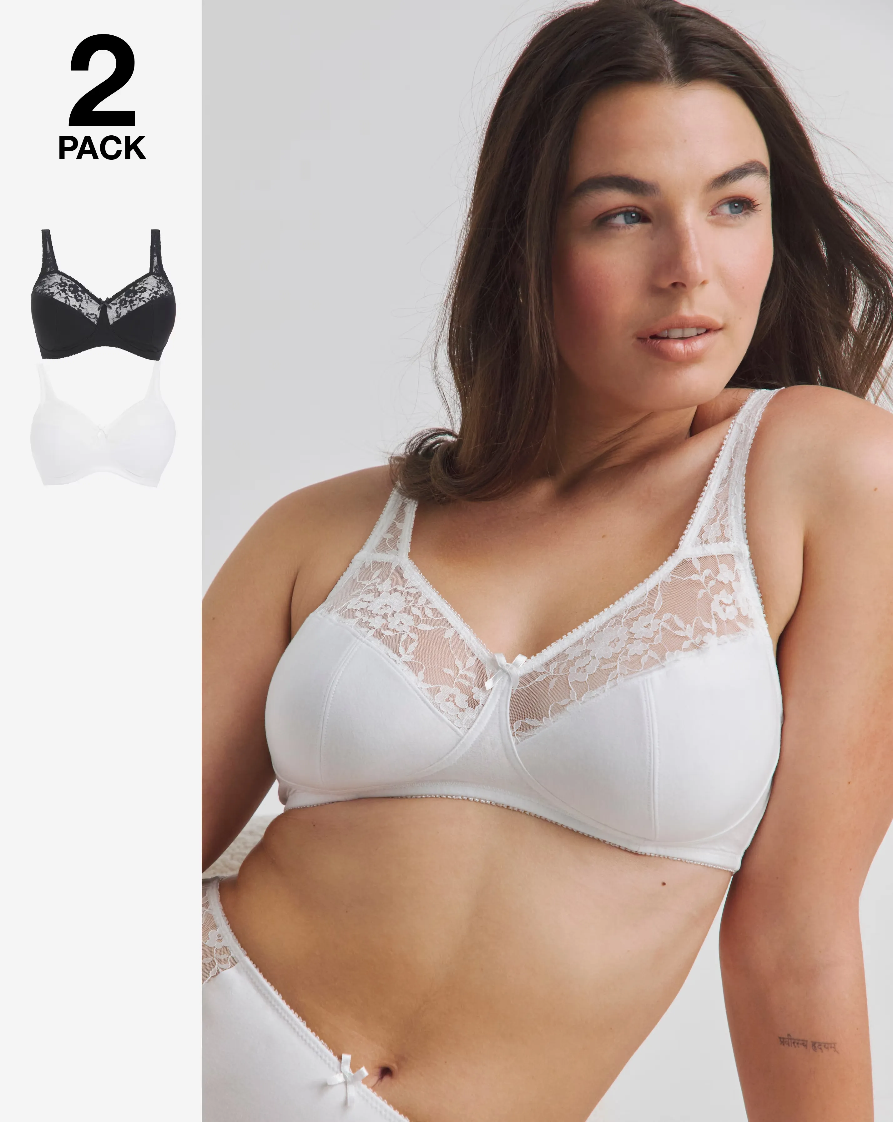Pretty Secrets (2 Pack) Cotton Lace Non Wired Full Cup Bras (B-G) White/Black