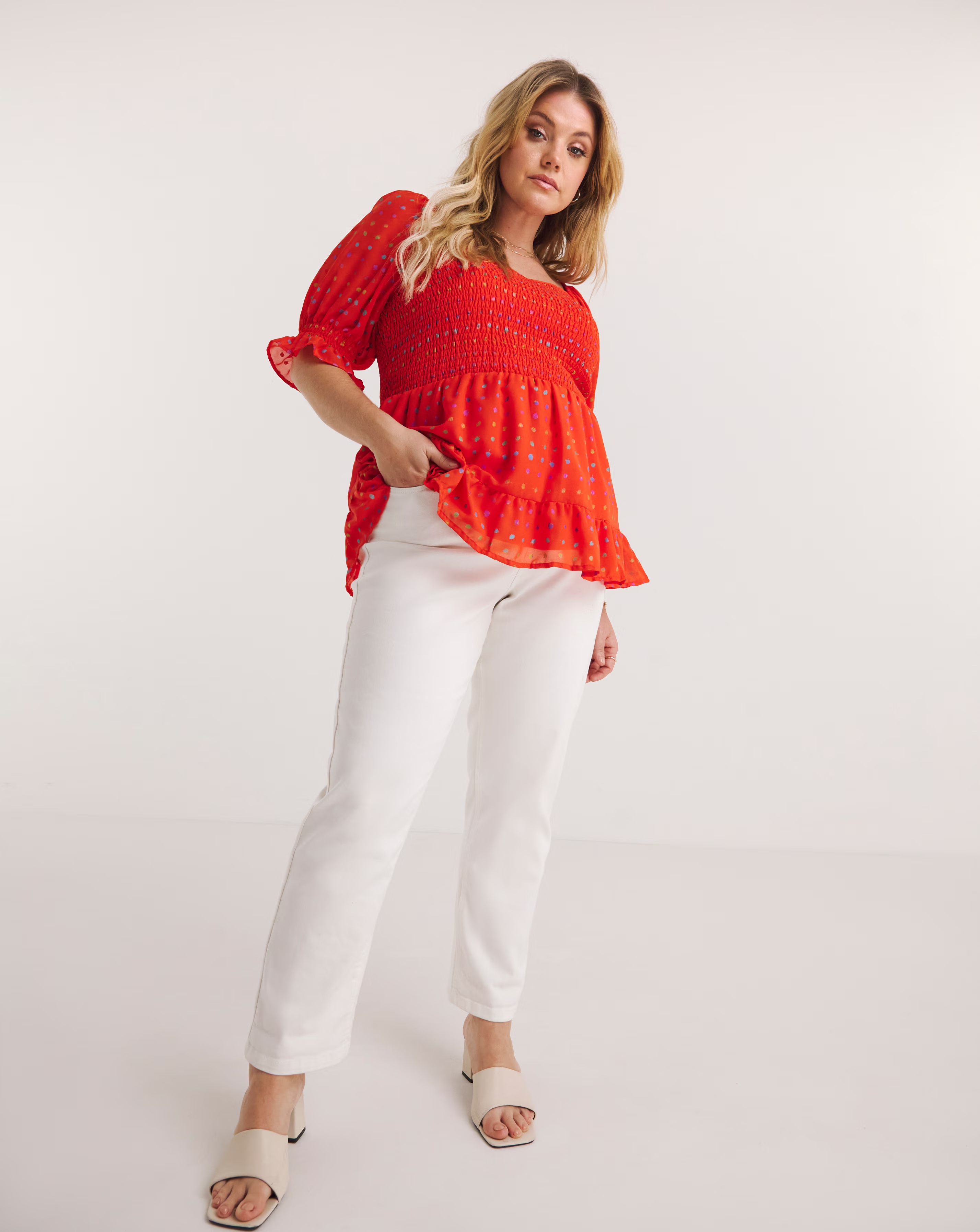 Tomato Red Sweetheart Neck Shirred Peplum Top with Rainbow Foil 1 1501-tomato-red-sweetheart-neck-shirred-peplum-top-with-rainbow-foil-1.jpg