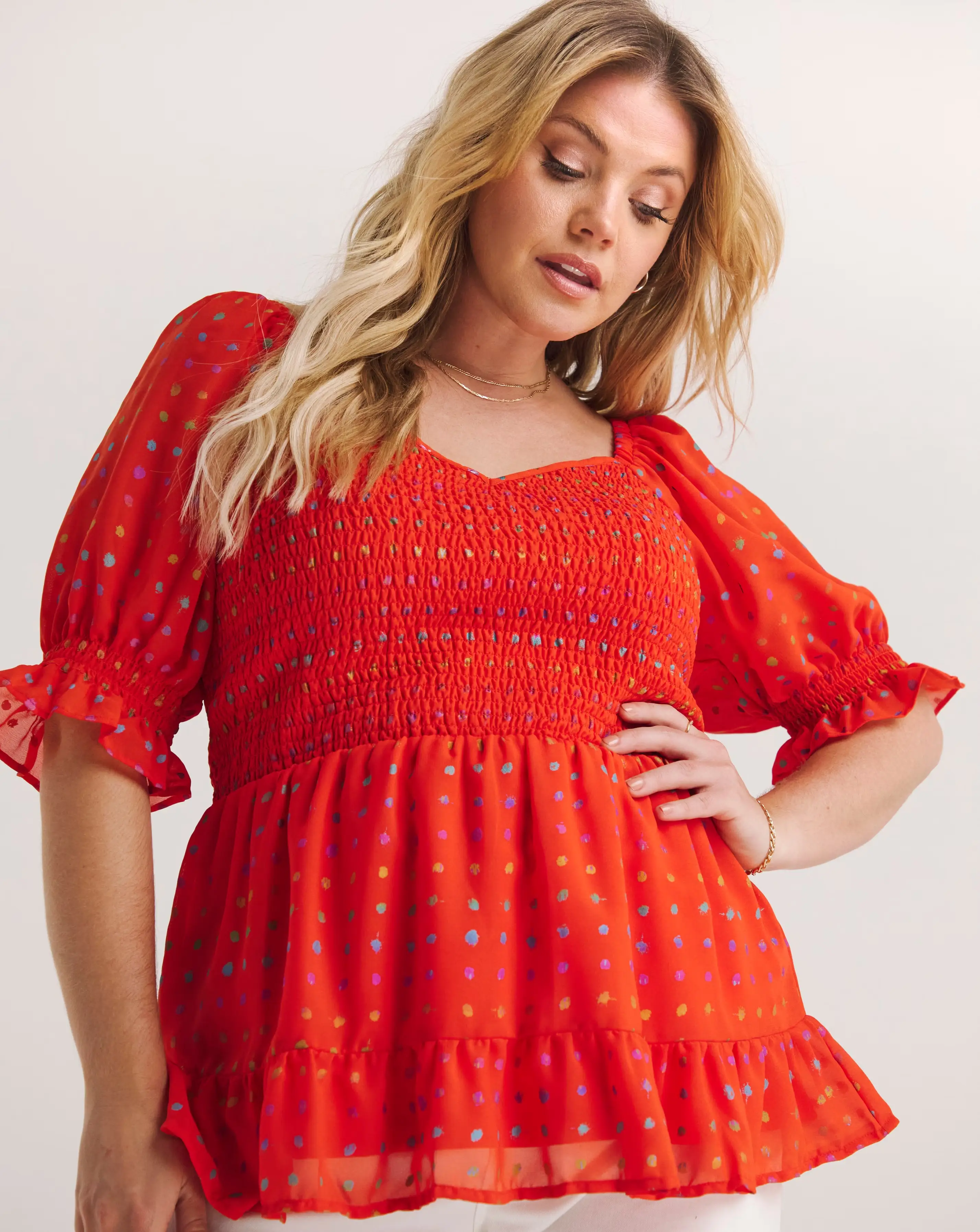 1501-tomato-red-sweetheart-neck-shirred-peplum-top-with-rainbow-foil-1.jpg