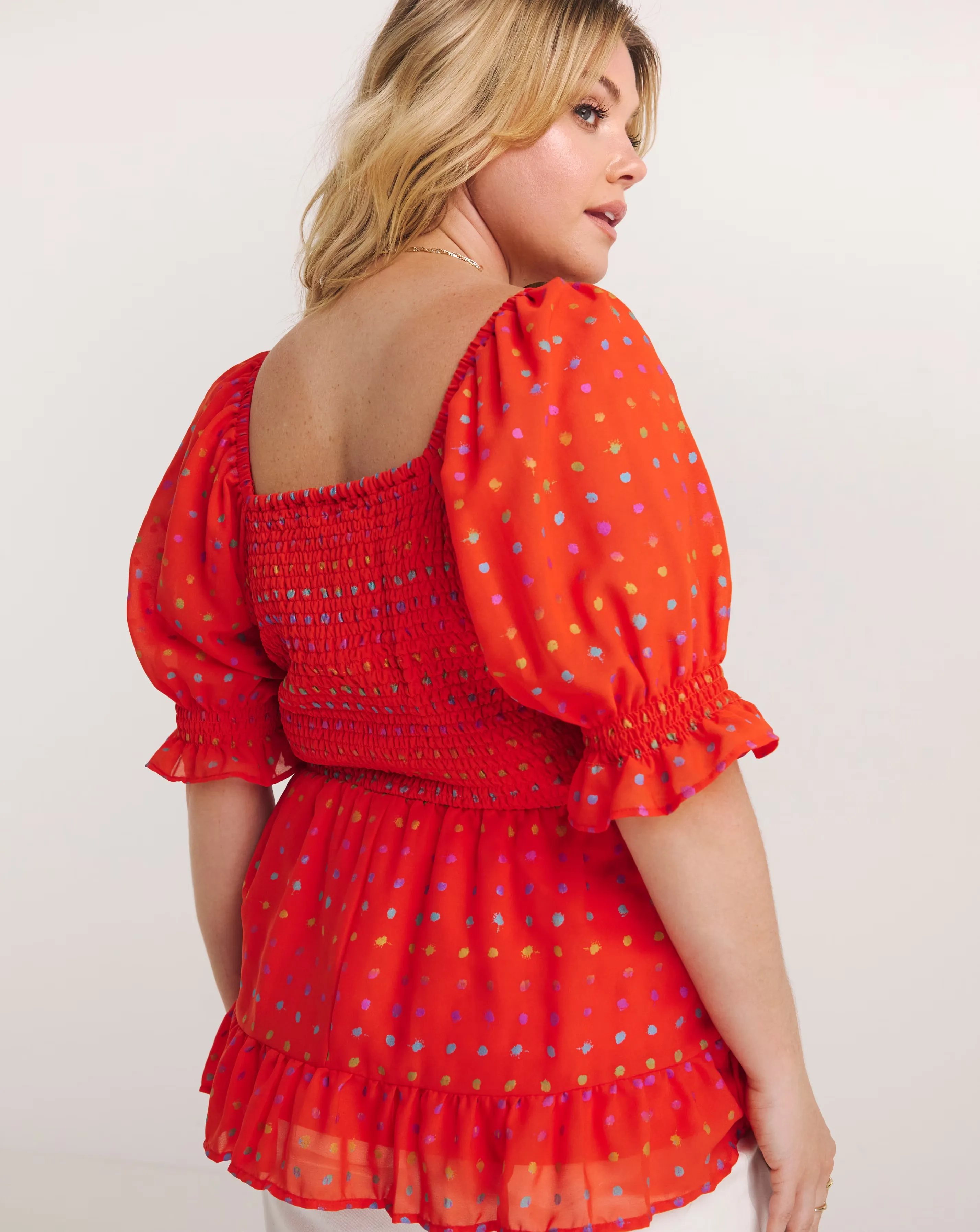1501-tomato-red-sweetheart-neck-shirred-peplum-top-with-rainbow-foil-1.jpg