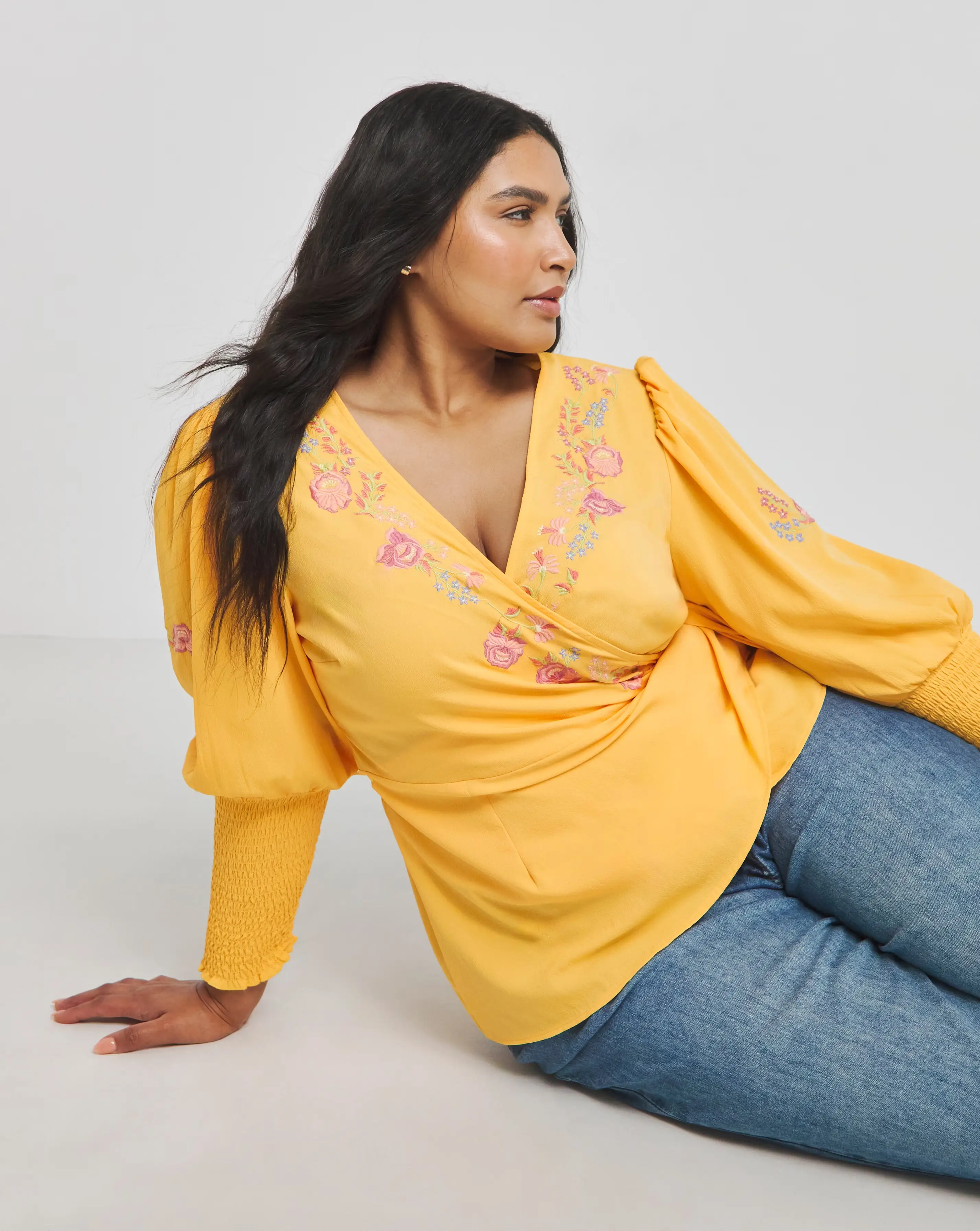Ochre Floral Embroidered Wrap Top with Shirred Cuffs 1 1527-ochre-floral-embroidered-wrap-top-with-shirred-cuffs-1.webp