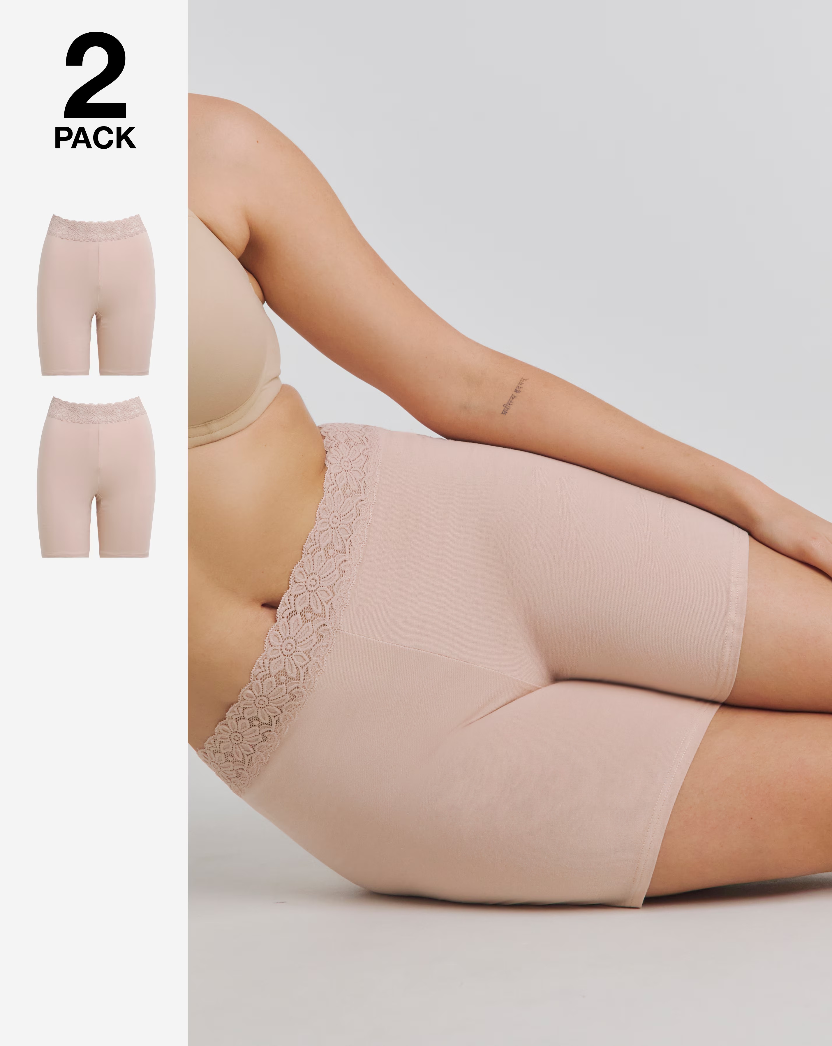 Pretty Secrets (2 Pack) Lace Trim Cotton Comfort Shorts Almond