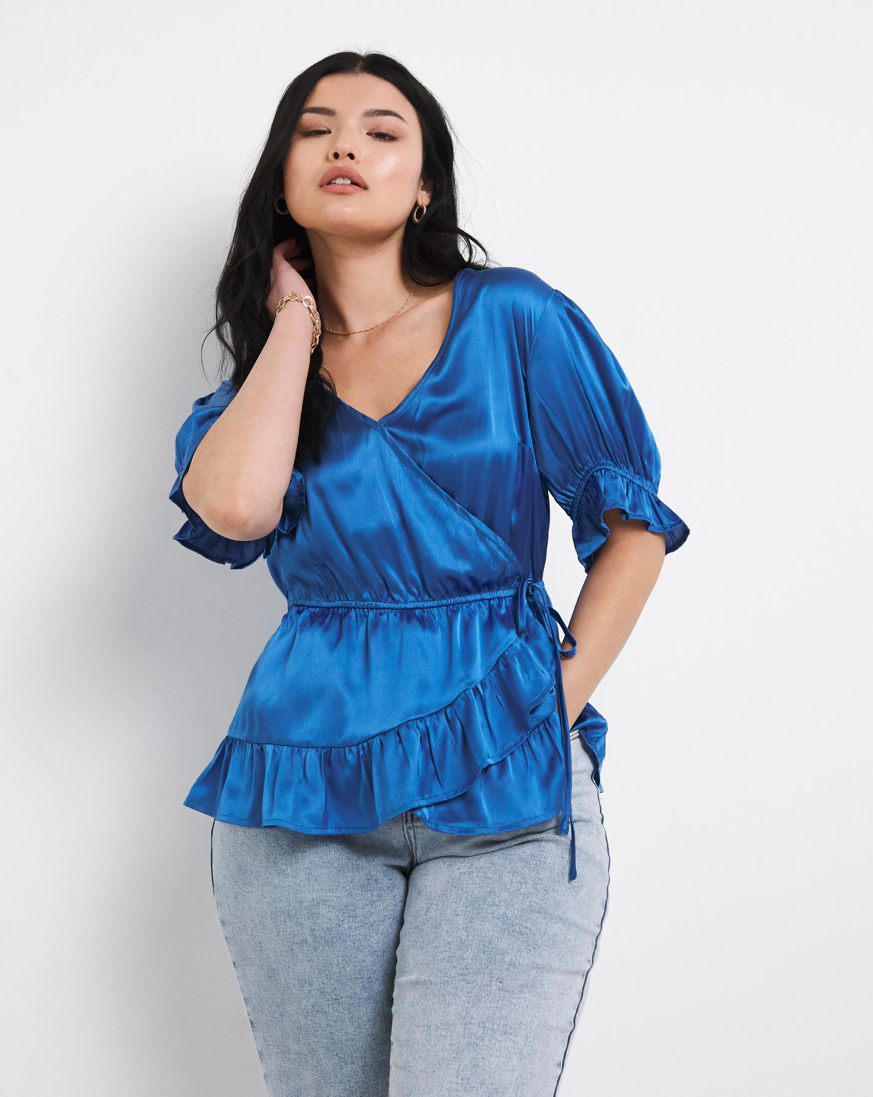 Blue Satin Wrap Top