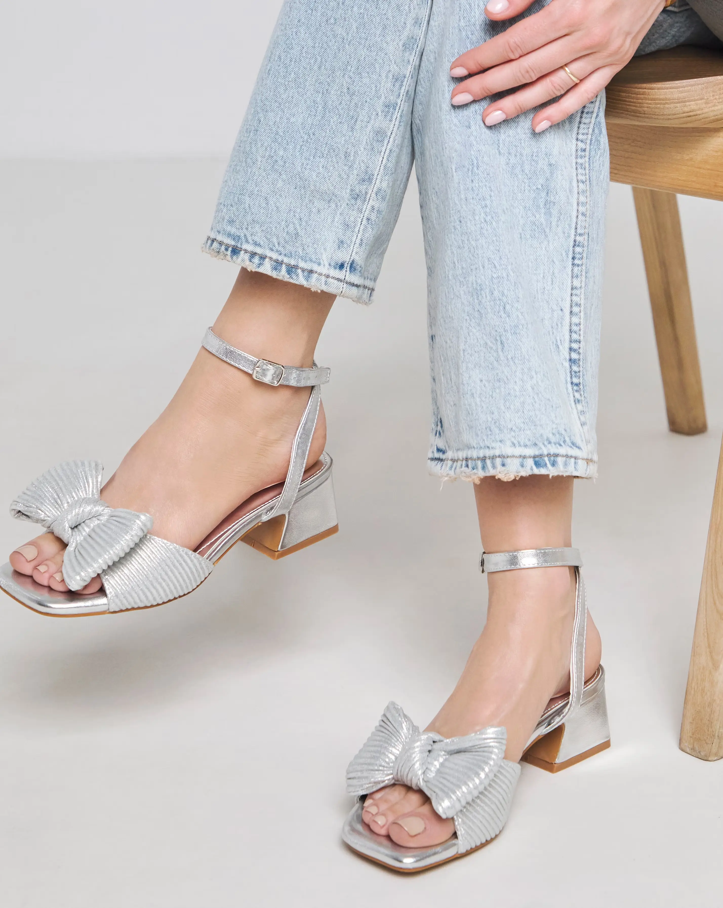 Isla Plisse Bow Low Heel Occasion Sandals - Wide Fit (E)