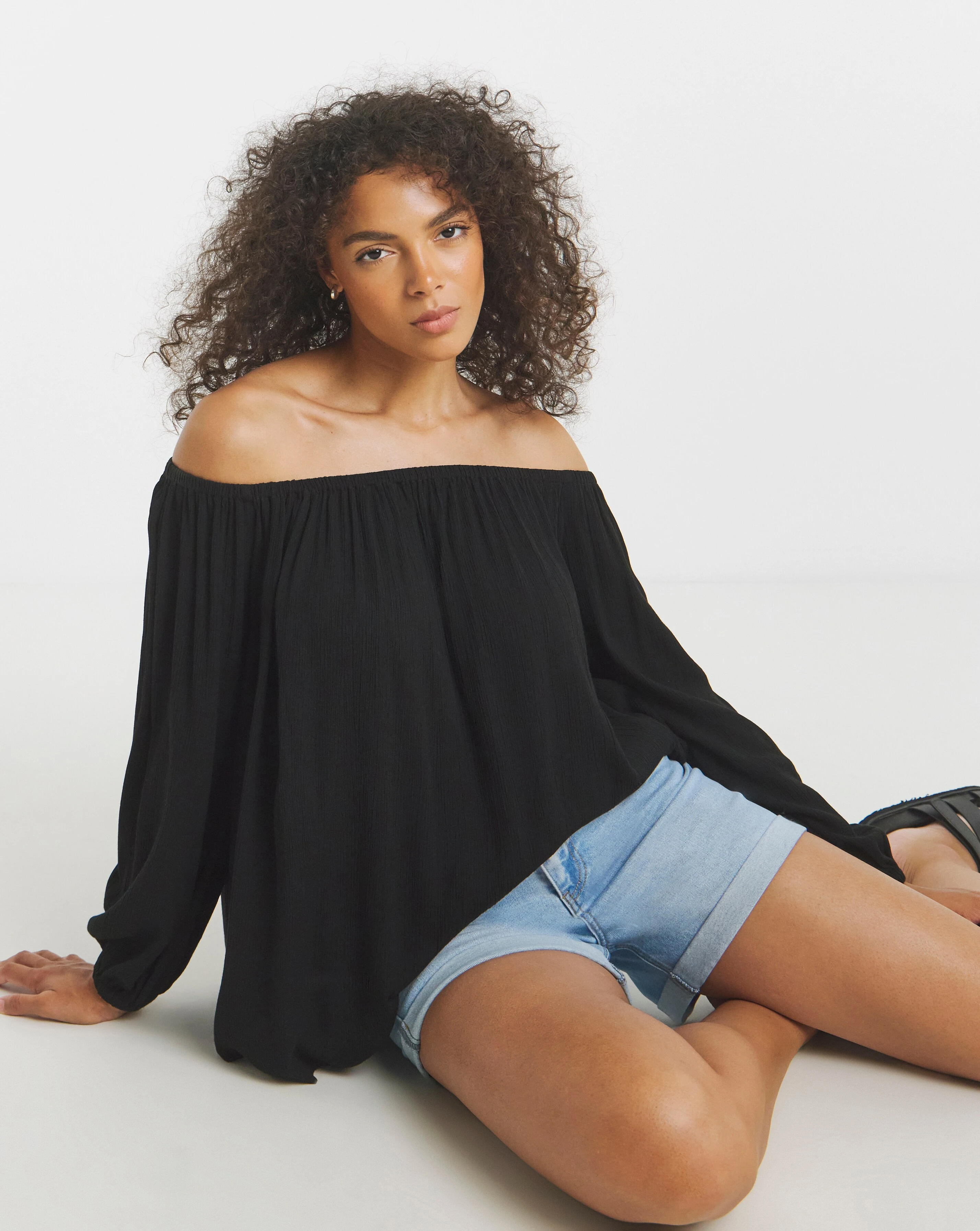 Black Crinkle Long Sleeve  Bardot Top